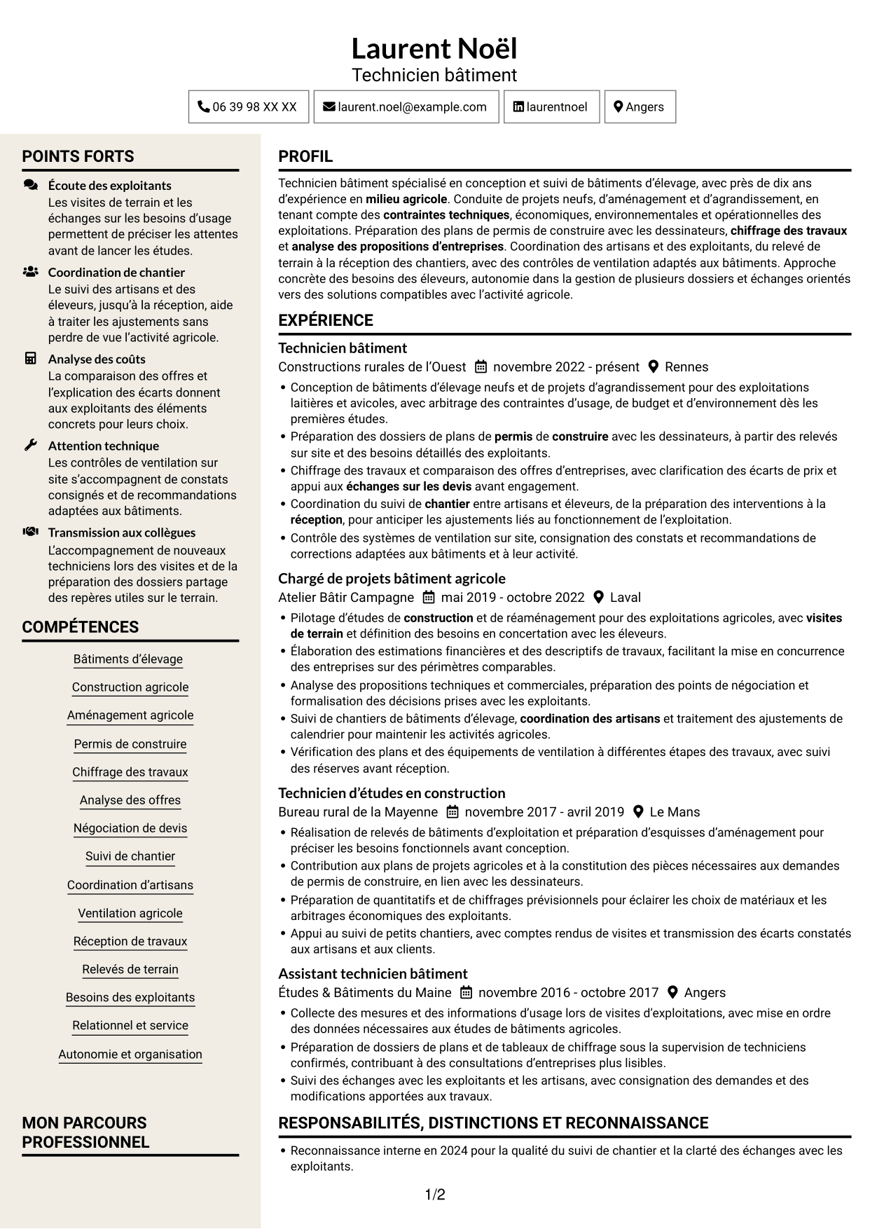 CV Fonceur (format à deux colonnes avec en-tête centré sans photo) : Technicien bâtiment - Bâtiments d’élevage, page 1