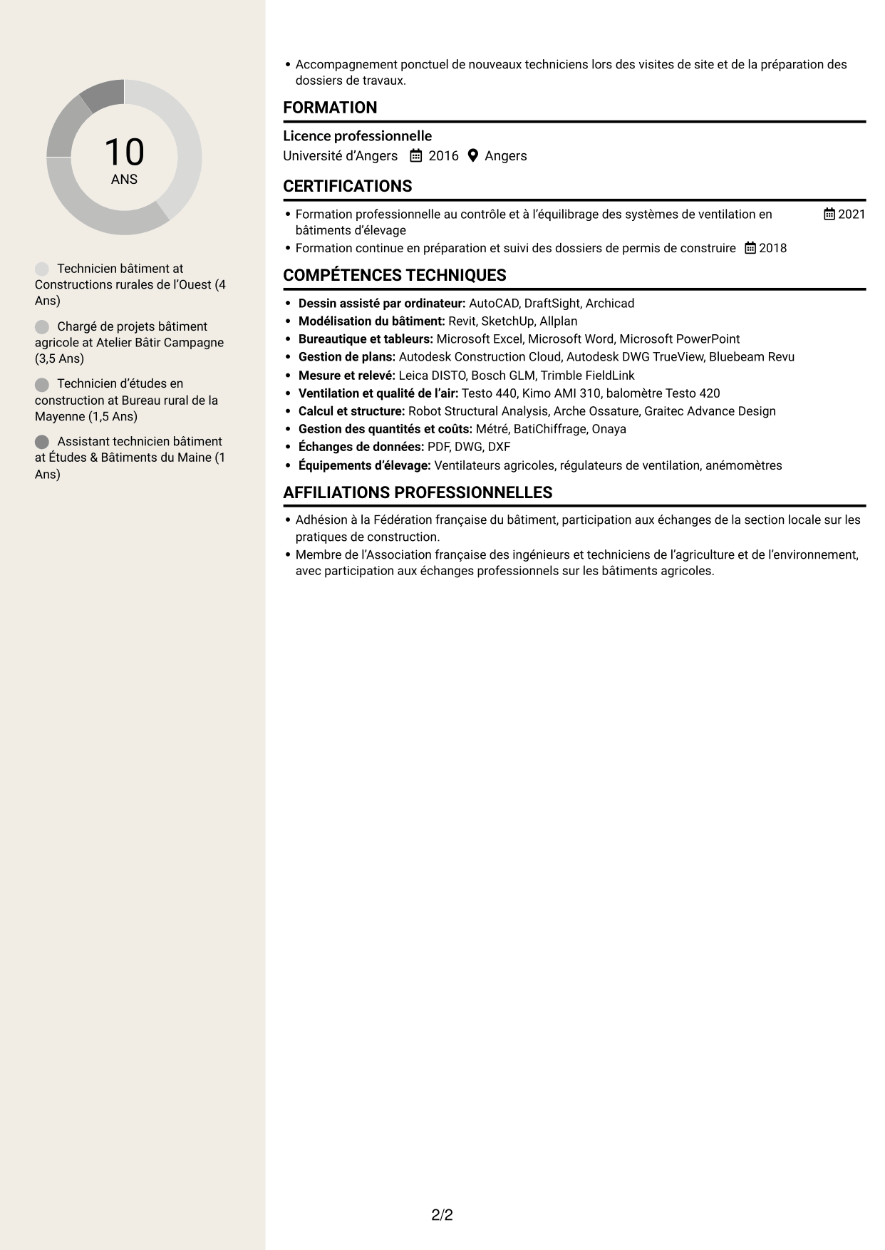 CV Fonceur (format à deux colonnes avec en-tête centré sans photo) : Technicien bâtiment - Bâtiments d’élevage, page 2