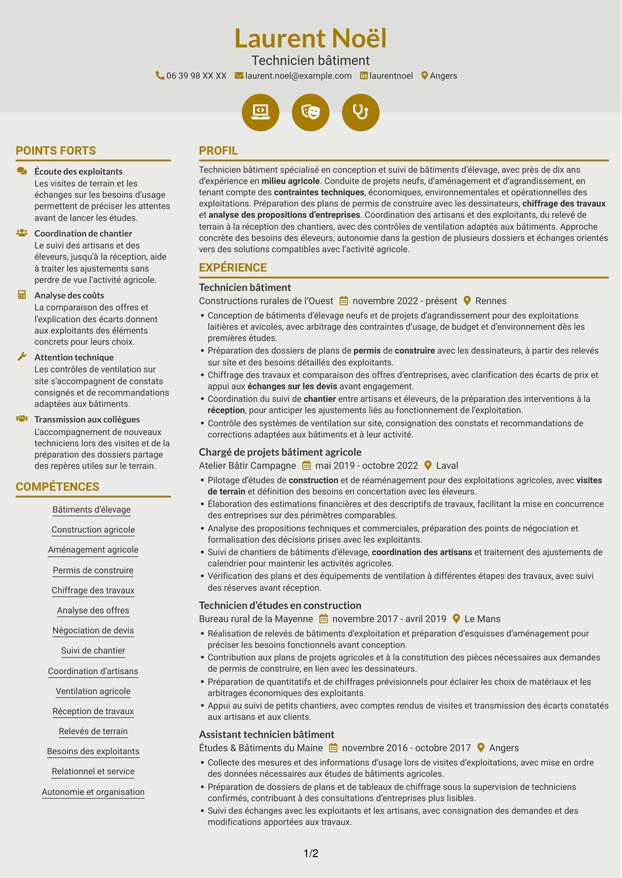 CV Dynamique (format à deux colonnes avec icônes) : Technicien bâtiment - Bâtiments d’élevage, page 1