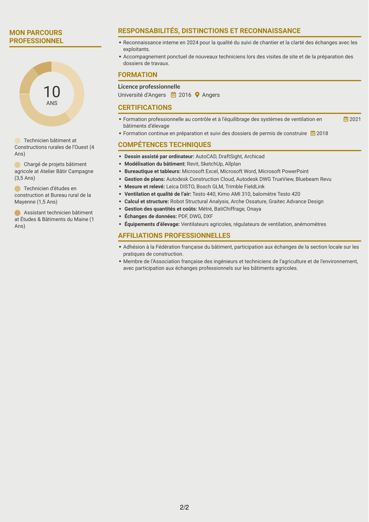 CV Dynamique (format à deux colonnes avec icônes) : Technicien bâtiment - Bâtiments d’élevage, page 2