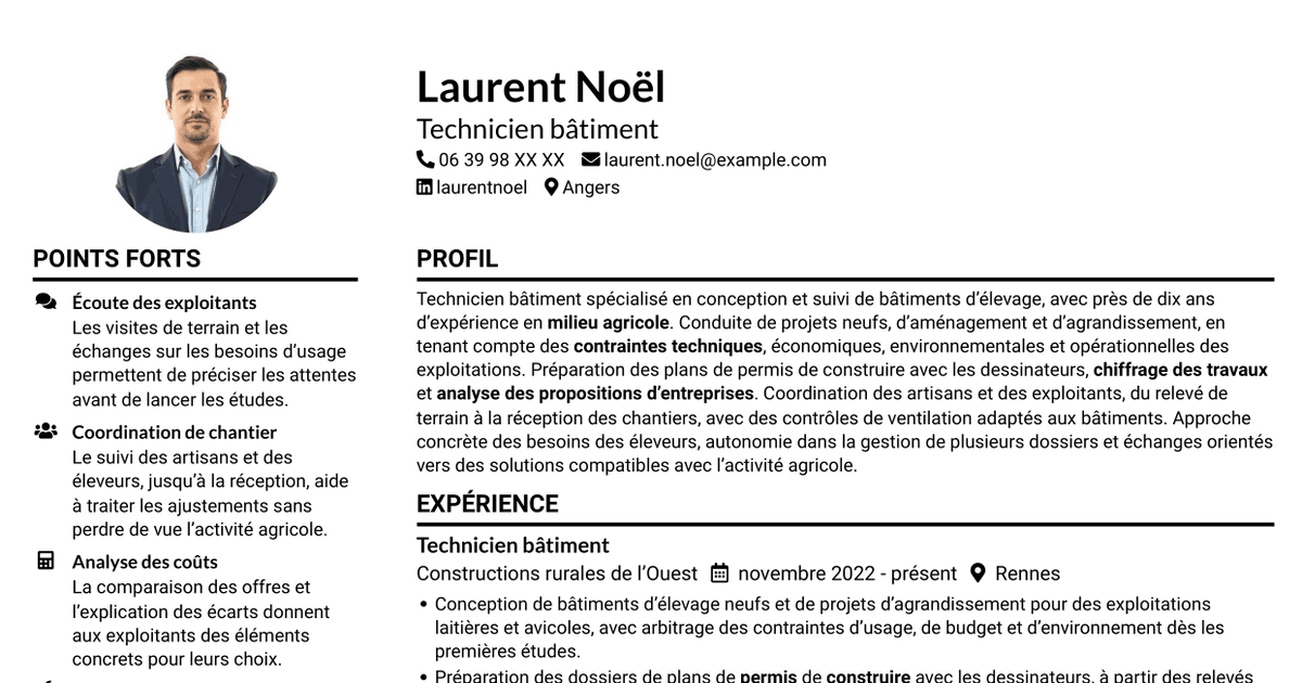 7 modèles de CV pour Technicien bâtiment - Bâtiments d’élevage, avec exemples