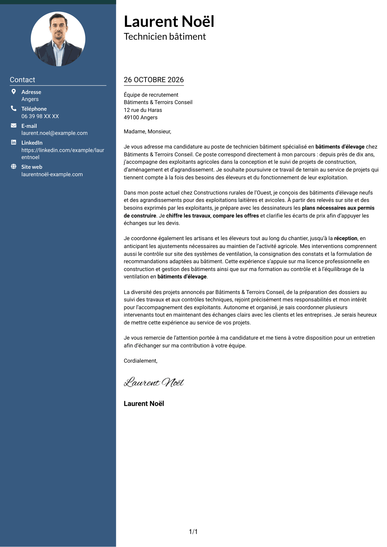 Lettre de motivation Élégant (format à colonne latérale colorée avec photo) : Technicien bâtiment - Bâtiments d’élevage, page 1