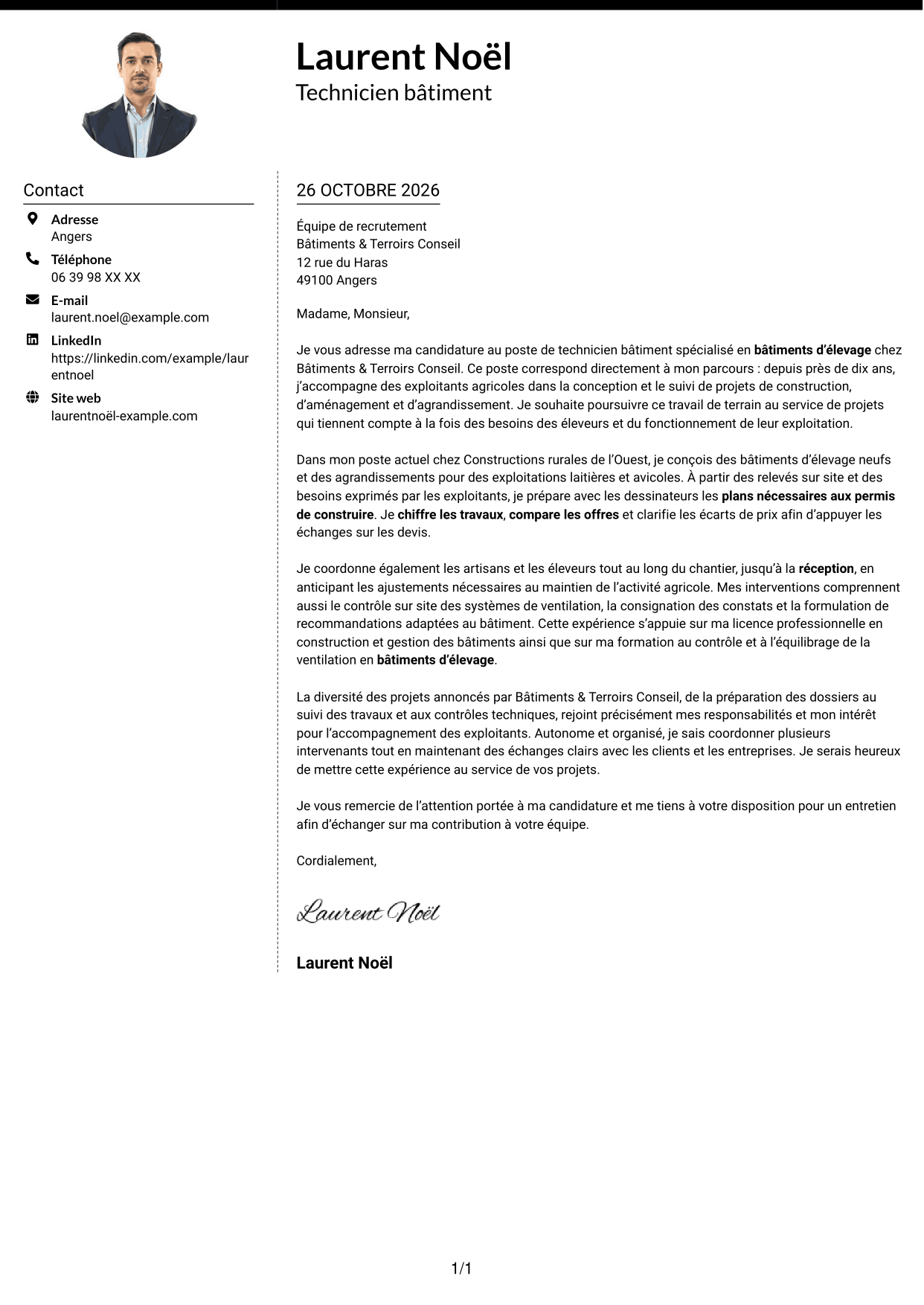 Lettre de motivation Moderne (format à deux colonnes avec photo à gauche et séparateur) : Technicien bâtiment - Bâtiments d’élevage, page 1