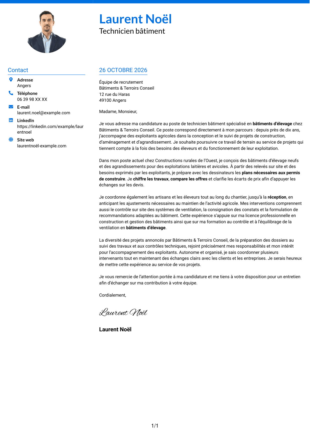 Lettre de motivation Audacieux (format à deux colonnes avec accents colorés et photo) : Technicien bâtiment - Bâtiments d’élevage, page 1