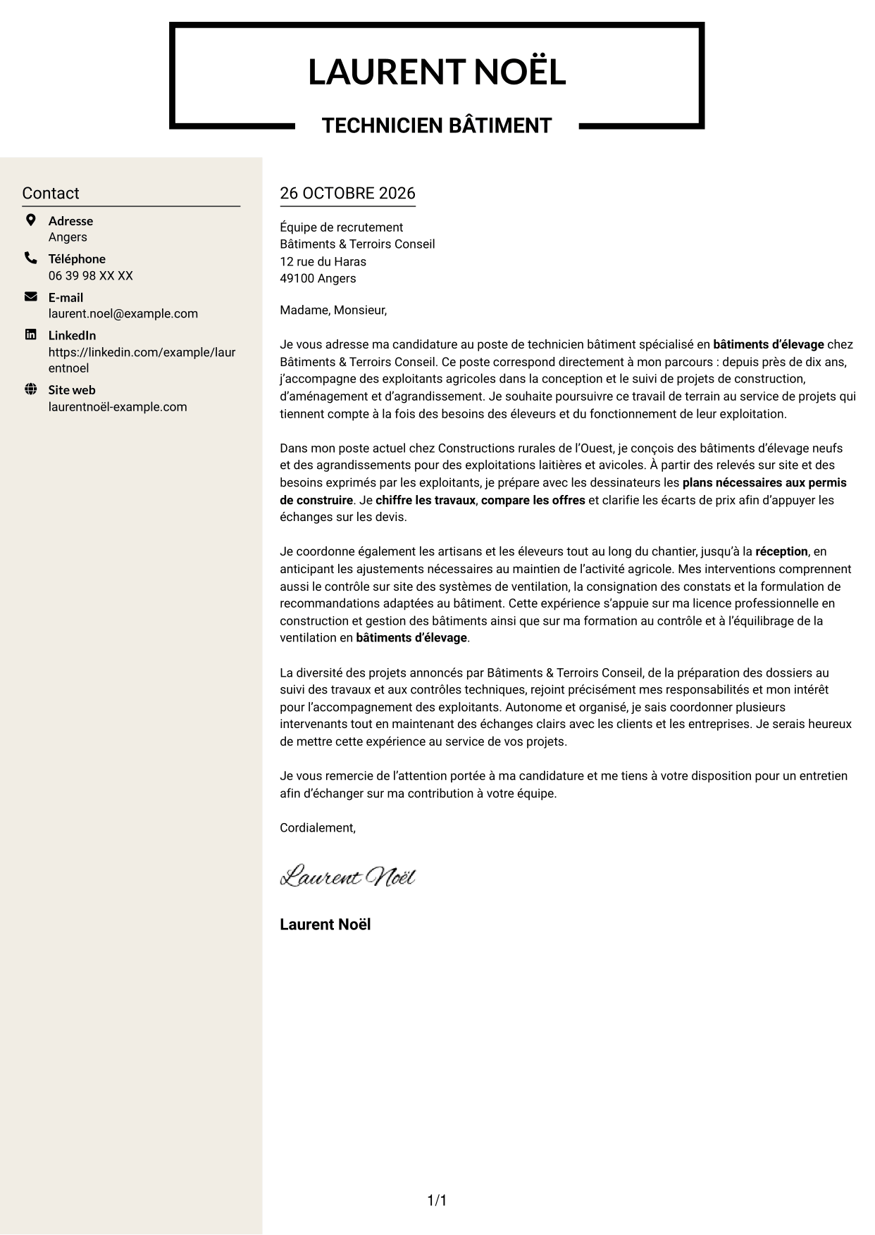 Lettre de motivation Fonceur (format à deux colonnes avec en-tête centré sans photo) : Technicien bâtiment - Bâtiments d’élevage, page 1