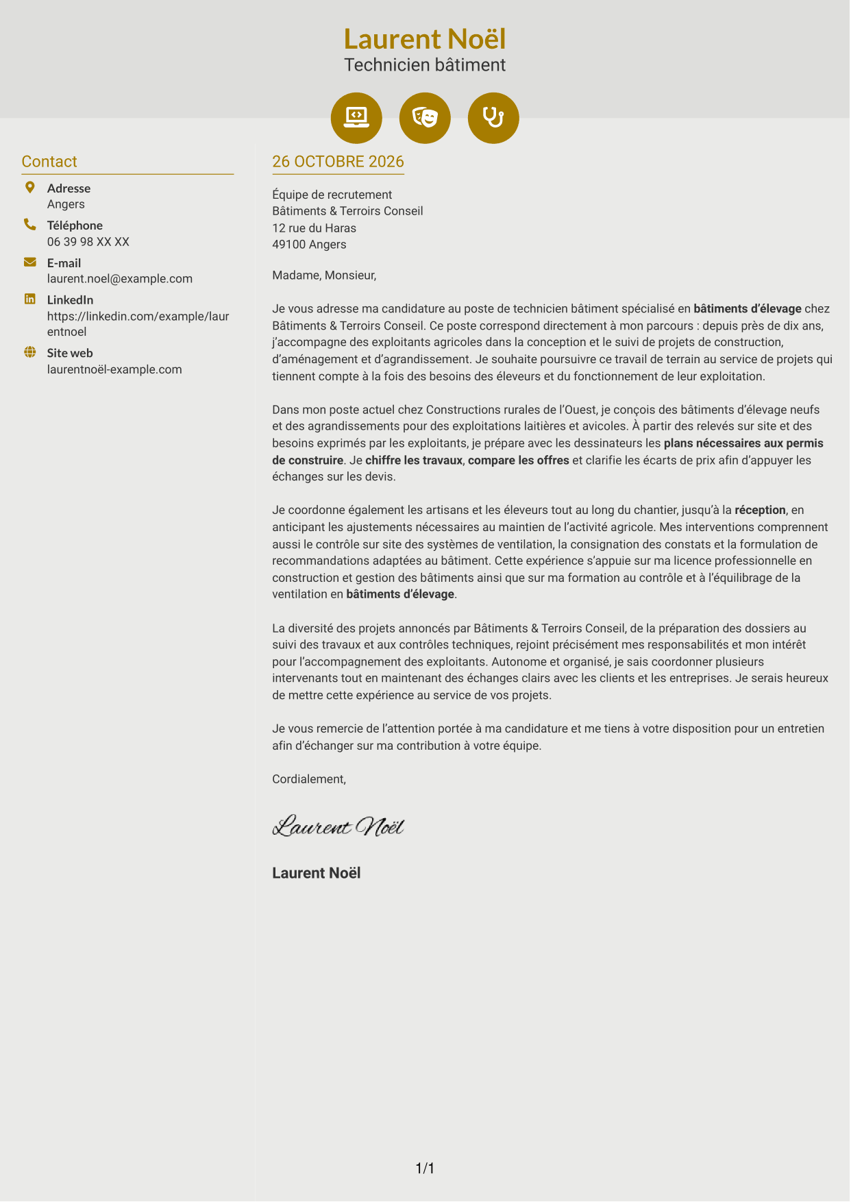 Lettre de motivation Dynamique (format à deux colonnes avec icônes) : Technicien bâtiment - Bâtiments d’élevage, page 1