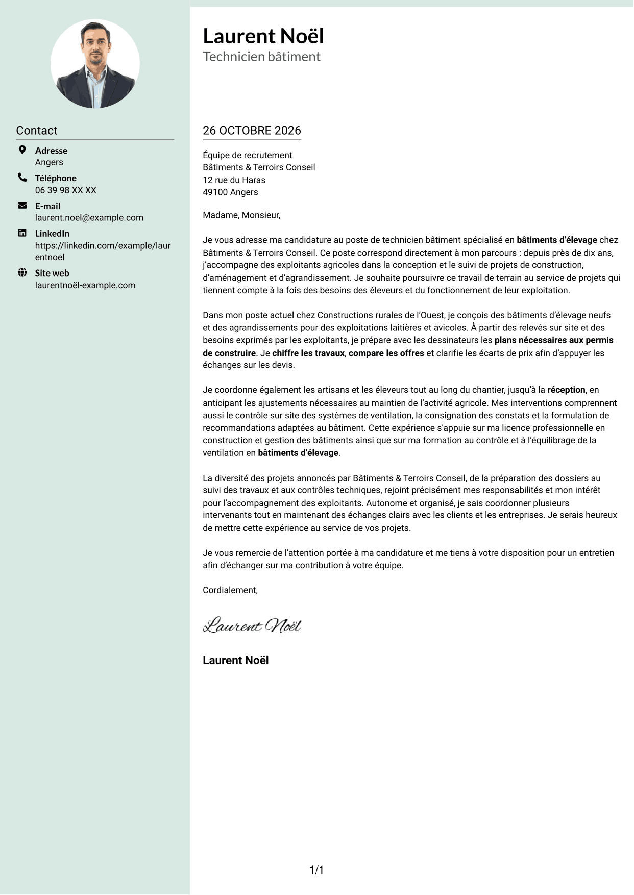 Lettre de motivation Cadre (format à colonne latérale douce avec photo arrondie) : Technicien bâtiment - Bâtiments d’élevage, page 1