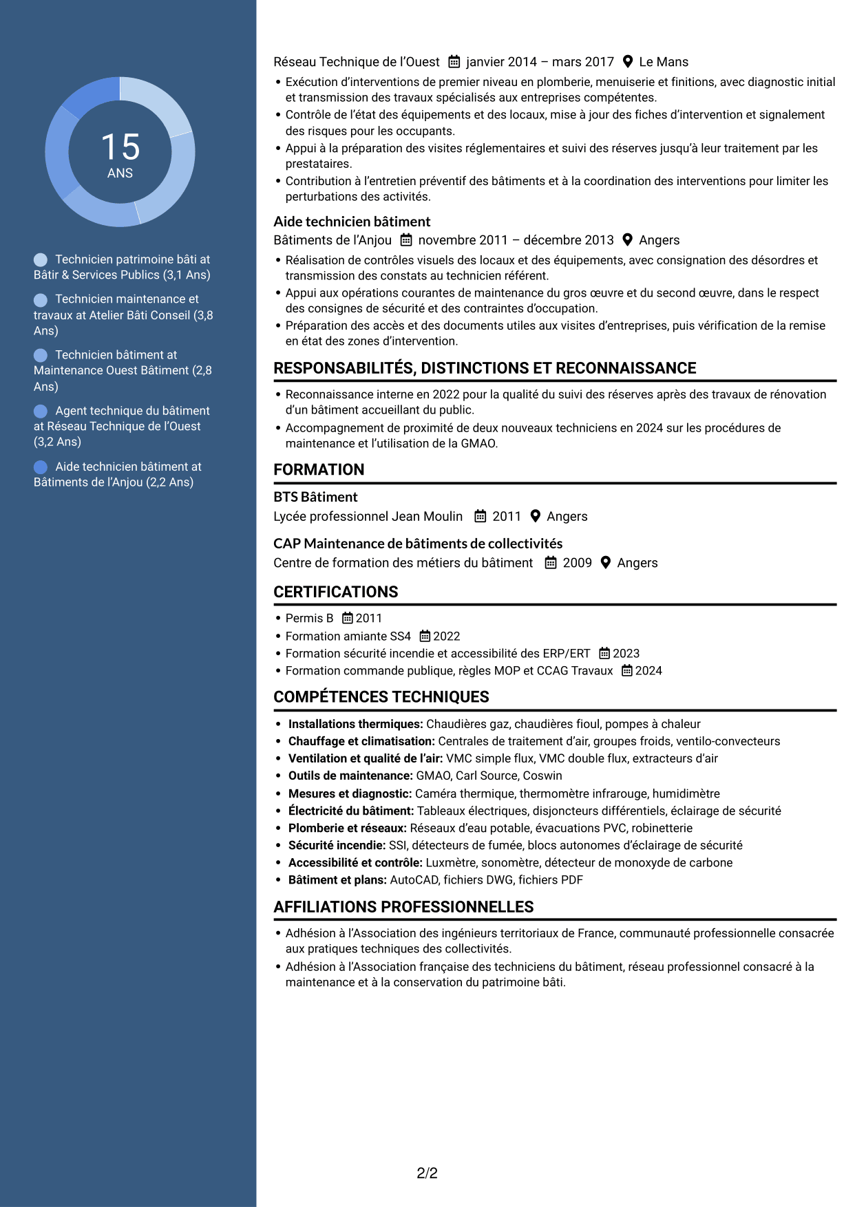 CV Élégant (format à colonne latérale colorée avec photo) : Technicien bâtiments - Maintenance du patrimoine bâti, page 2