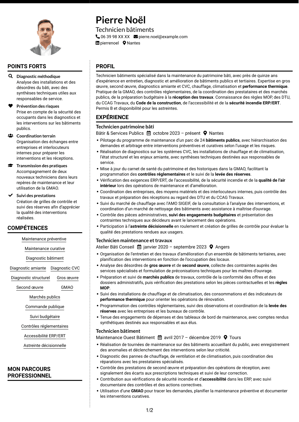 CV Moderne (format à deux colonnes avec photo à gauche et séparateur) : Technicien bâtiments - Maintenance du patrimoine bâti, page 1