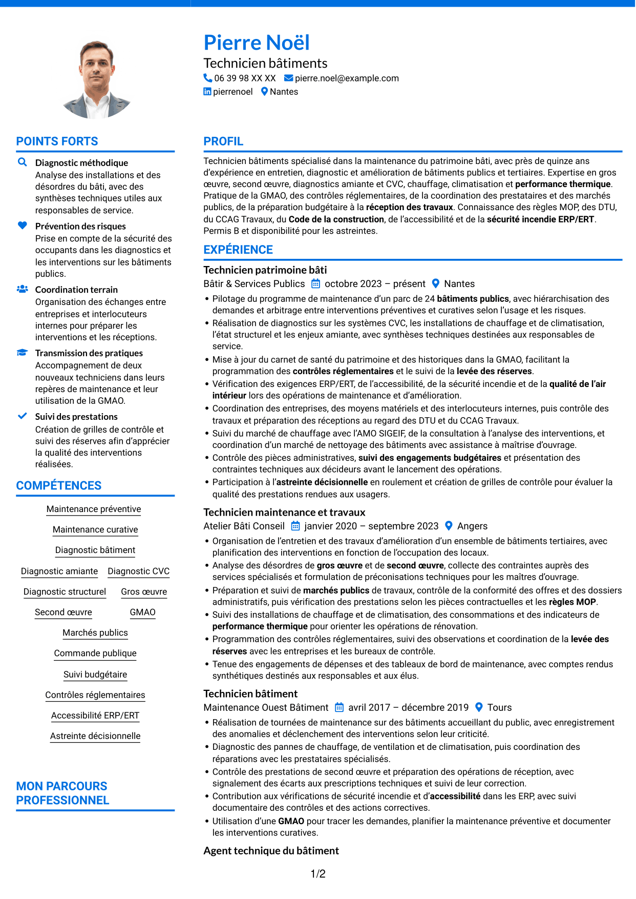 CV Audacieux (format à deux colonnes avec accents colorés et photo) : Technicien bâtiments - Maintenance du patrimoine bâti, page 1