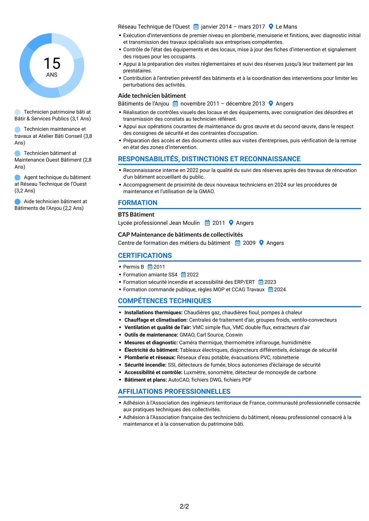 CV Audacieux (format à deux colonnes avec accents colorés et photo) : Technicien bâtiments - Maintenance du patrimoine bâti, page 2