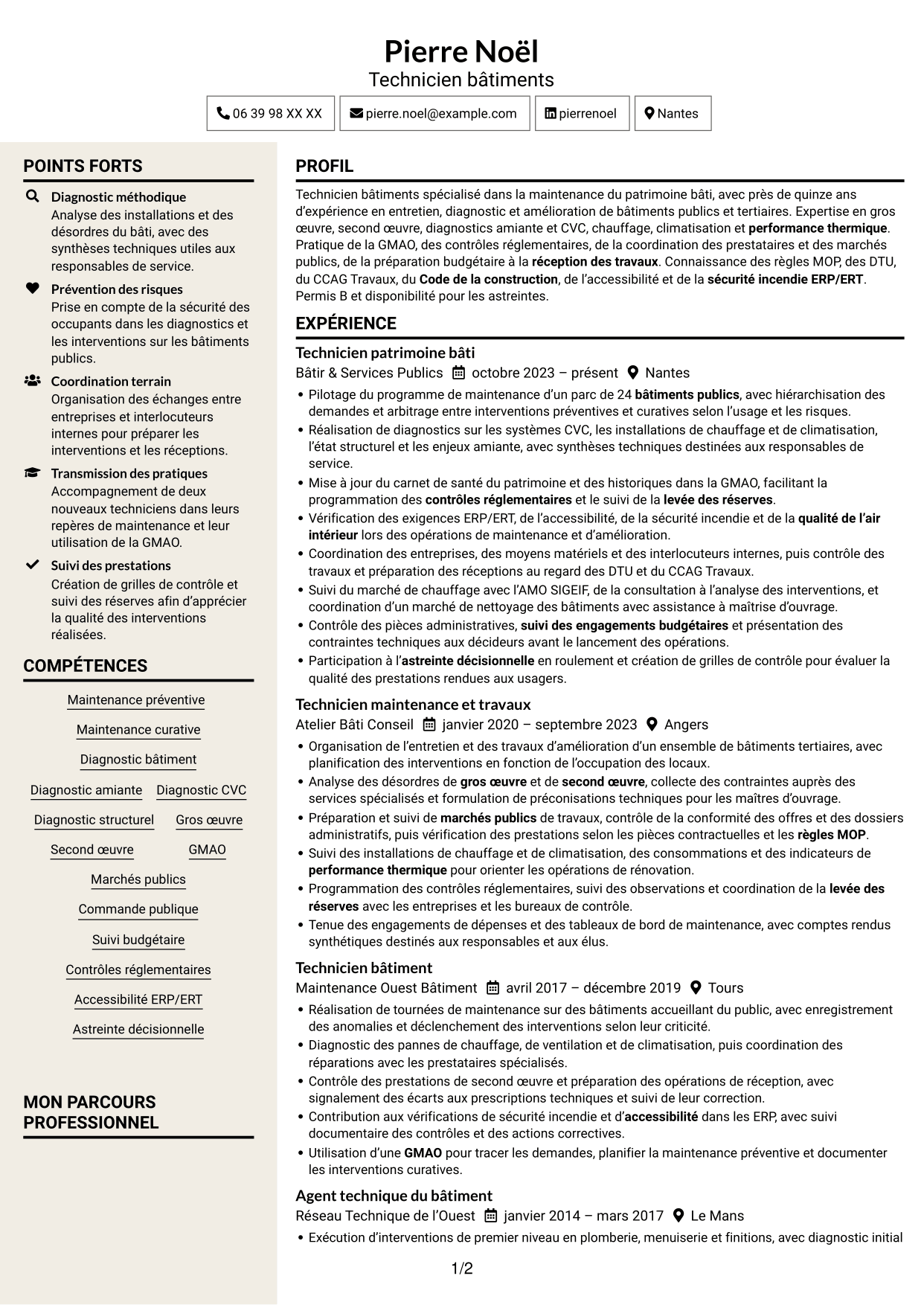 CV Fonceur (format à deux colonnes avec en-tête centré sans photo) : Technicien bâtiments - Maintenance du patrimoine bâti, page 1