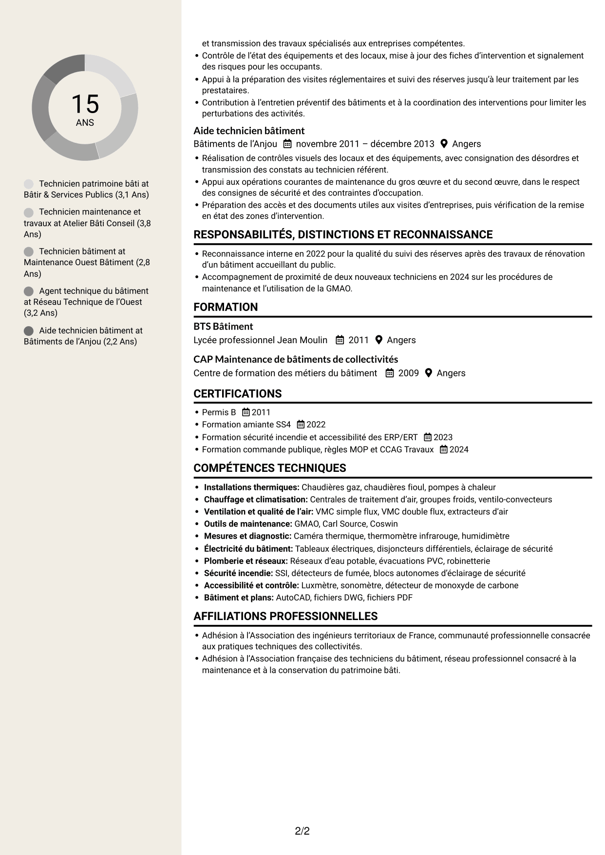 CV Fonceur (format à deux colonnes avec en-tête centré sans photo) : Technicien bâtiments - Maintenance du patrimoine bâti, page 2