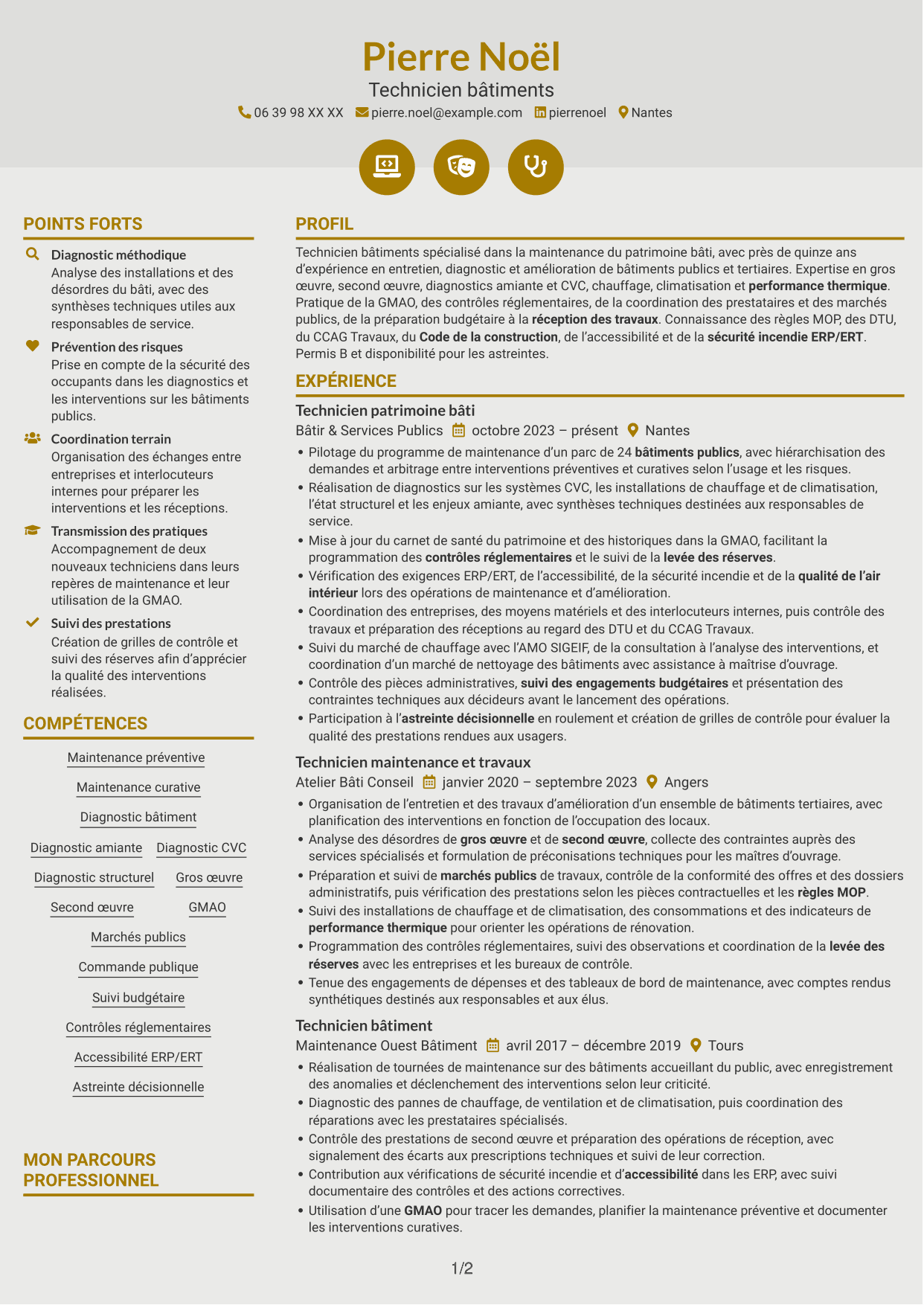 CV Dynamique (format à deux colonnes avec icônes) : Technicien bâtiments - Maintenance du patrimoine bâti, page 1