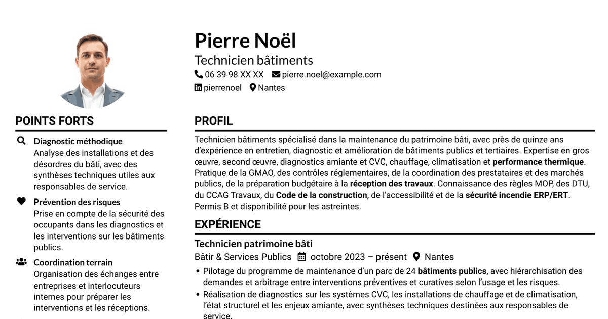 7 modèles de CV pour Technicien bâtiments - Maintenance du patrimoine bâti, avec exemples