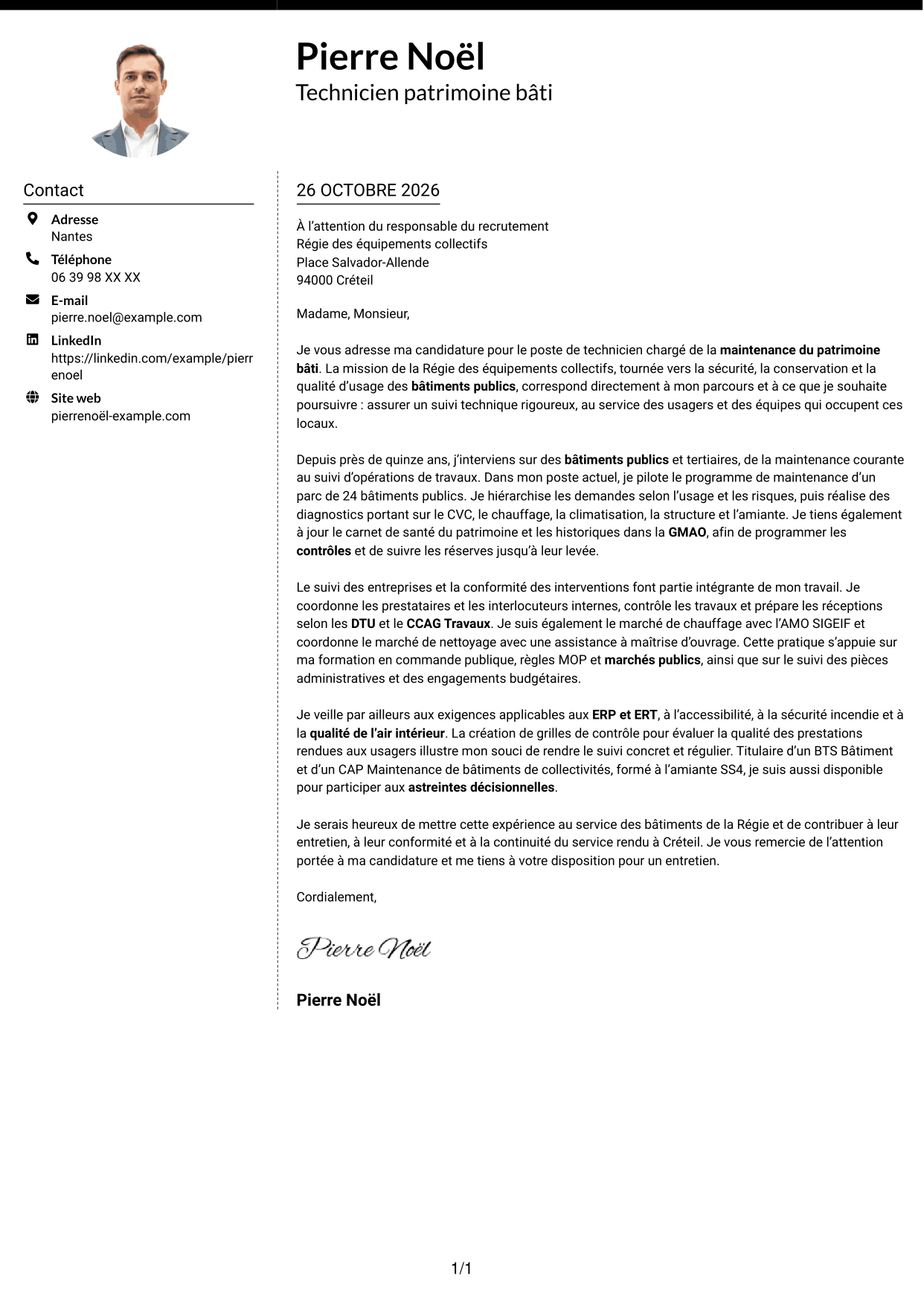 Lettre de motivation Moderne (format à deux colonnes avec photo à gauche et séparateur) : Technicien bâtiments - Maintenance du patrimoine bâti, page 1
