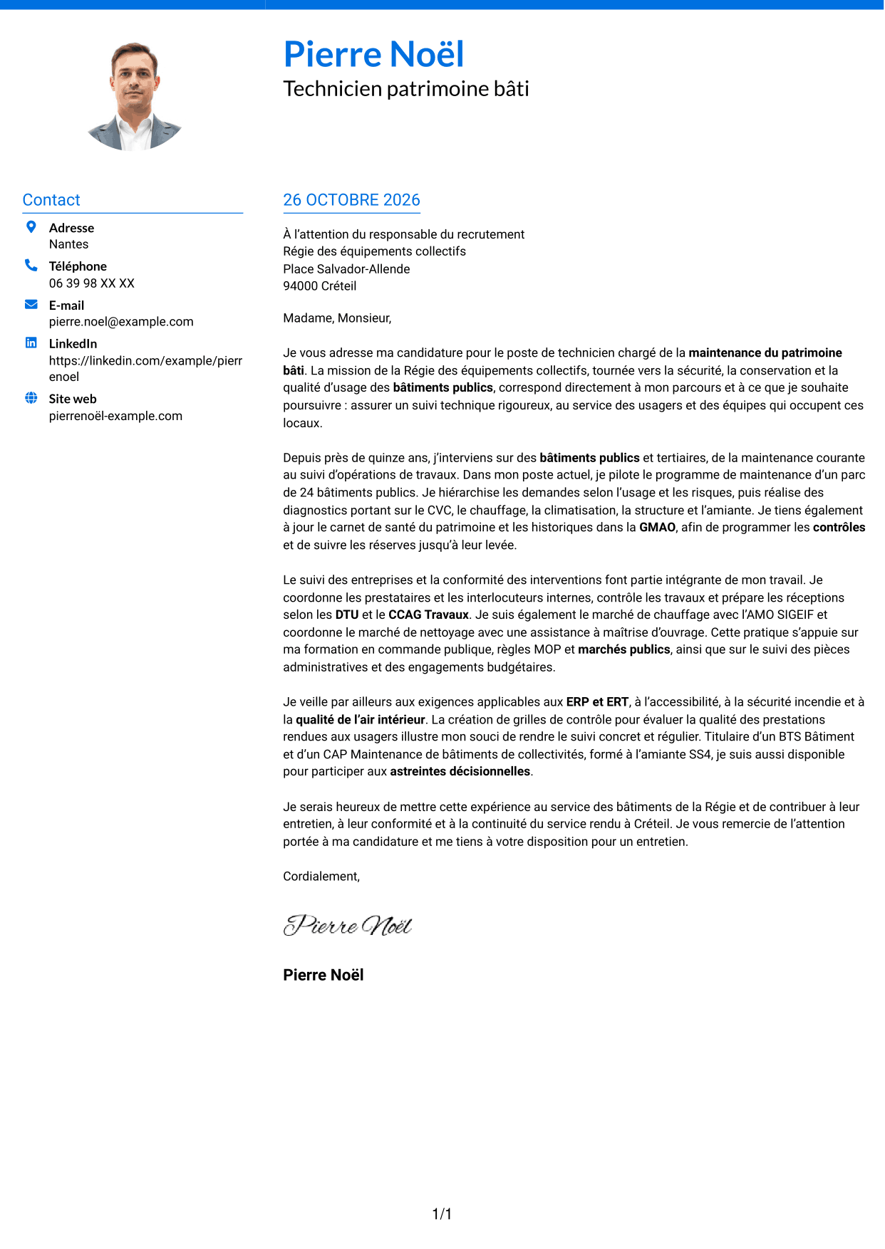Lettre de motivation Audacieux (format à deux colonnes avec accents colorés et photo) : Technicien bâtiments - Maintenance du patrimoine bâti, page 1