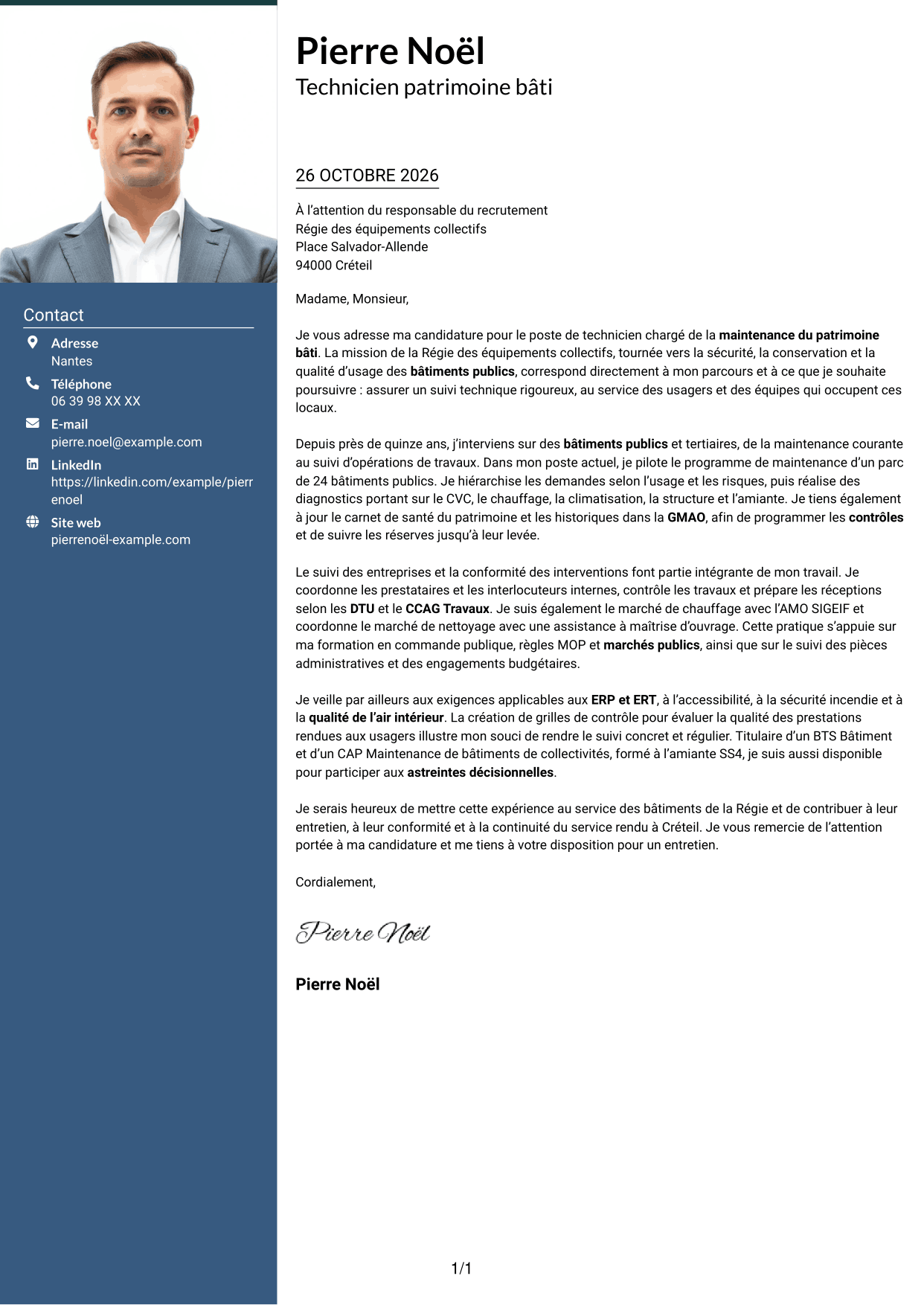 Lettre de motivation Signature (format à colonne latérale colorée avec grande photo) : Technicien bâtiments - Maintenance du patrimoine bâti, page 1