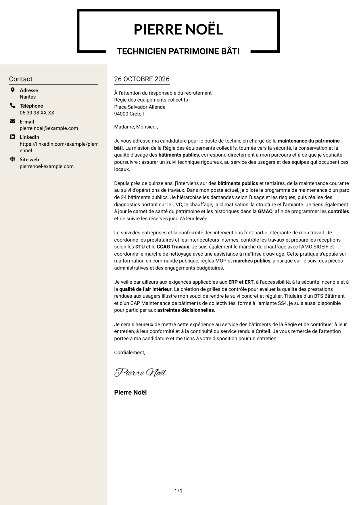 Lettre de motivation Fonceur (format à deux colonnes avec en-tête centré sans photo) : Technicien bâtiments - Maintenance du patrimoine bâti, page 1