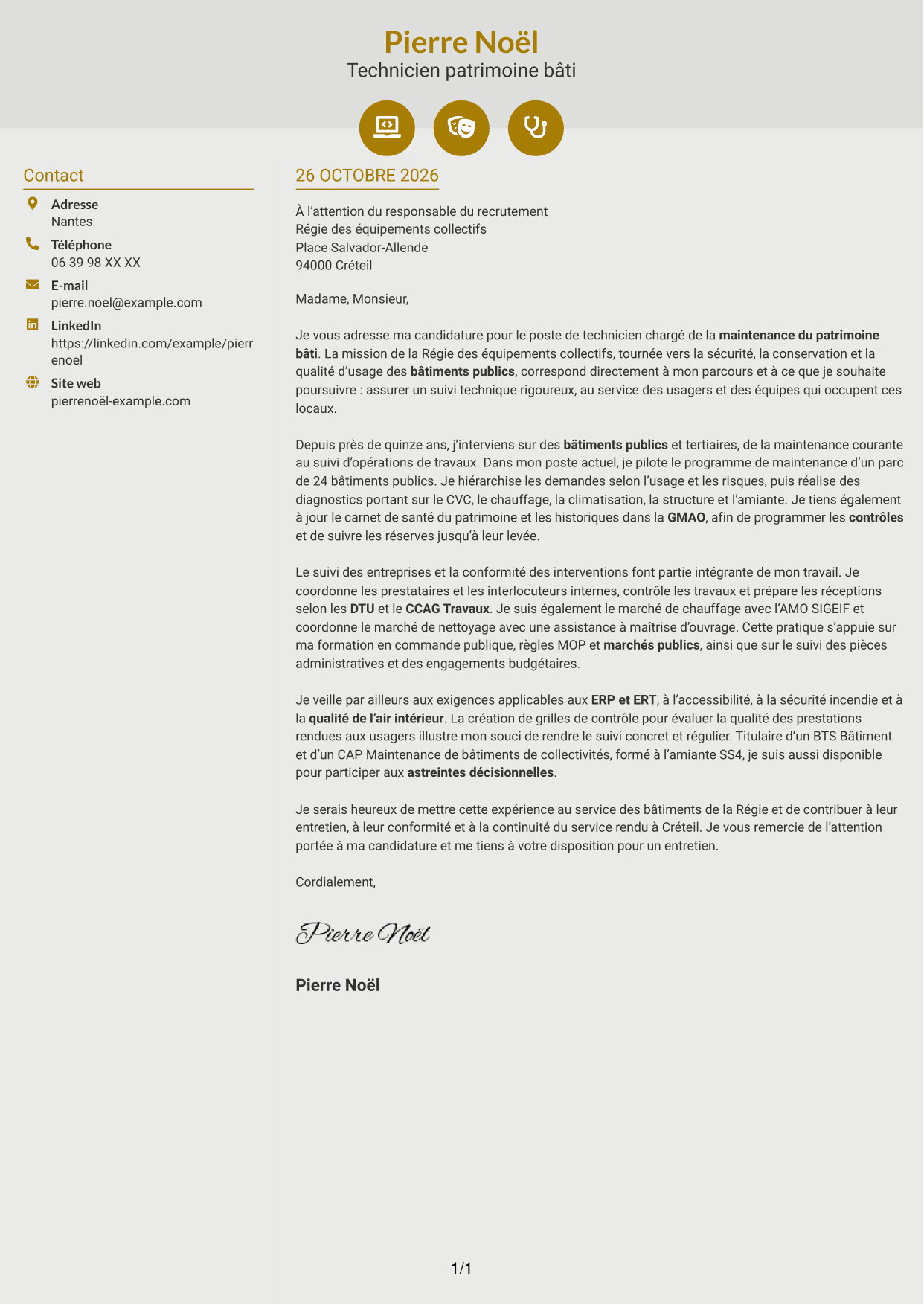 Lettre de motivation Dynamique (format à deux colonnes avec icônes) : Technicien bâtiments - Maintenance du patrimoine bâti, page 1