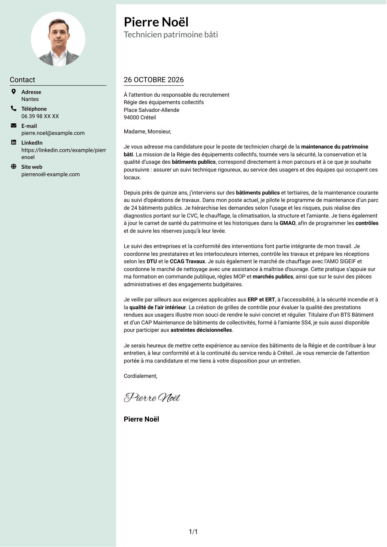 Lettre de motivation Cadre (format à colonne latérale douce avec photo arrondie) : Technicien bâtiments - Maintenance du patrimoine bâti, page 1
