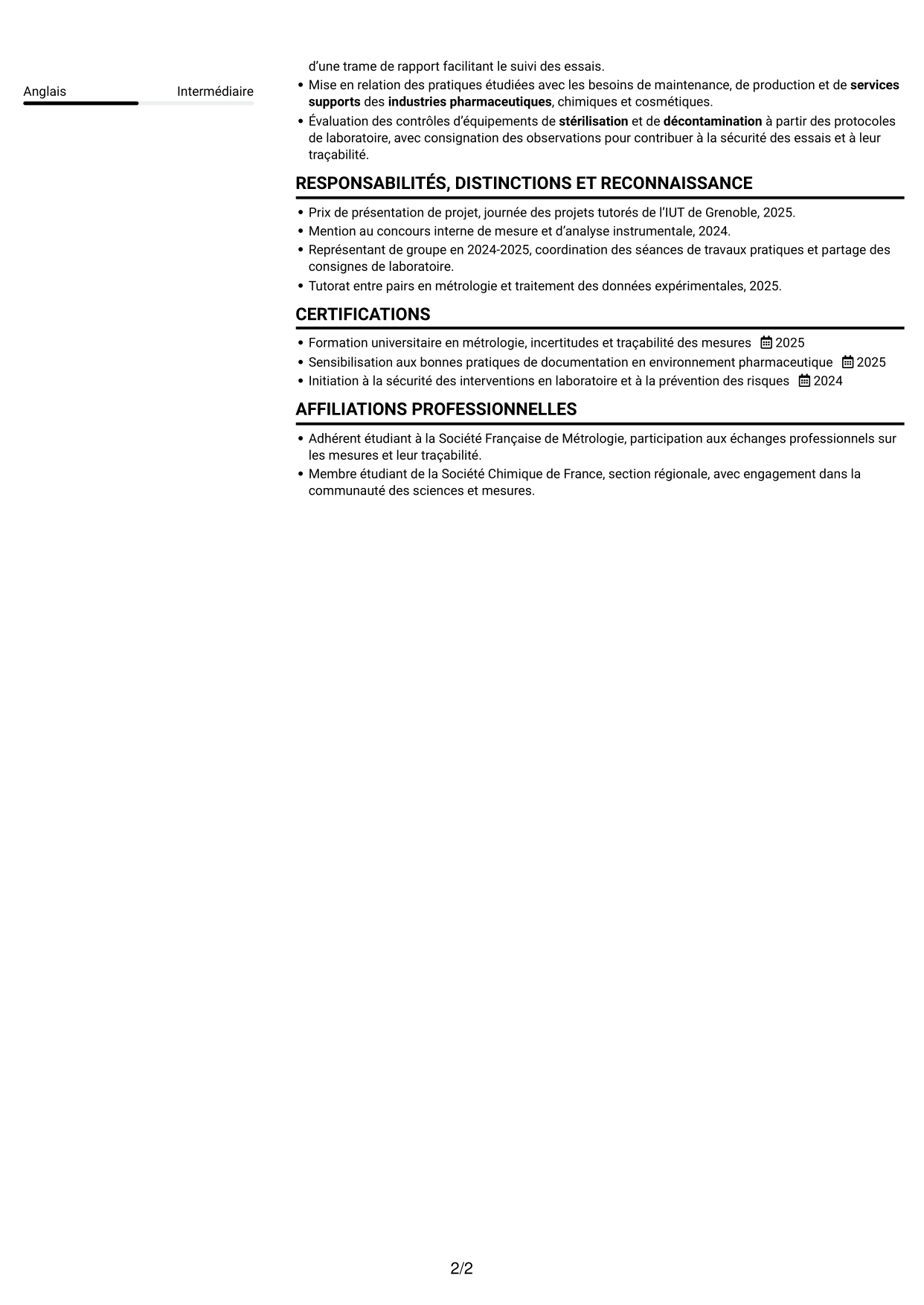 CV Compact (format sobre à deux colonnes avec photo) : Technicien débutant - Contrôles et essais pharmaceutiques, page 2