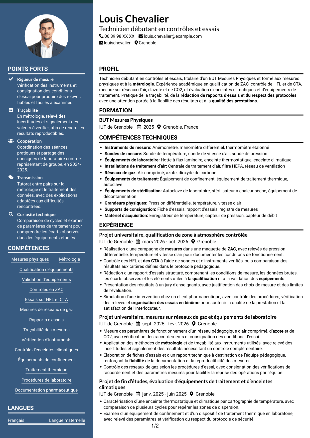 CV Élégant (format à colonne latérale colorée avec photo) : Technicien débutant - Contrôles et essais pharmaceutiques, page 1