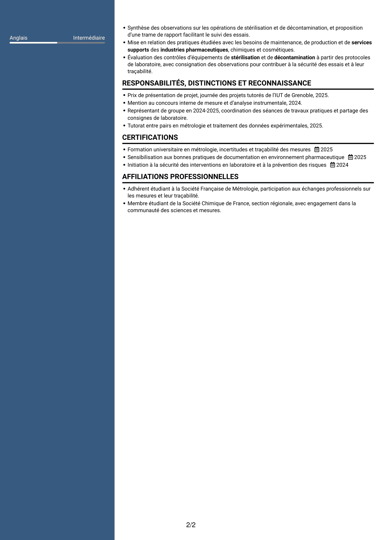 CV Élégant (format à colonne latérale colorée avec photo) : Technicien débutant - Contrôles et essais pharmaceutiques, page 2