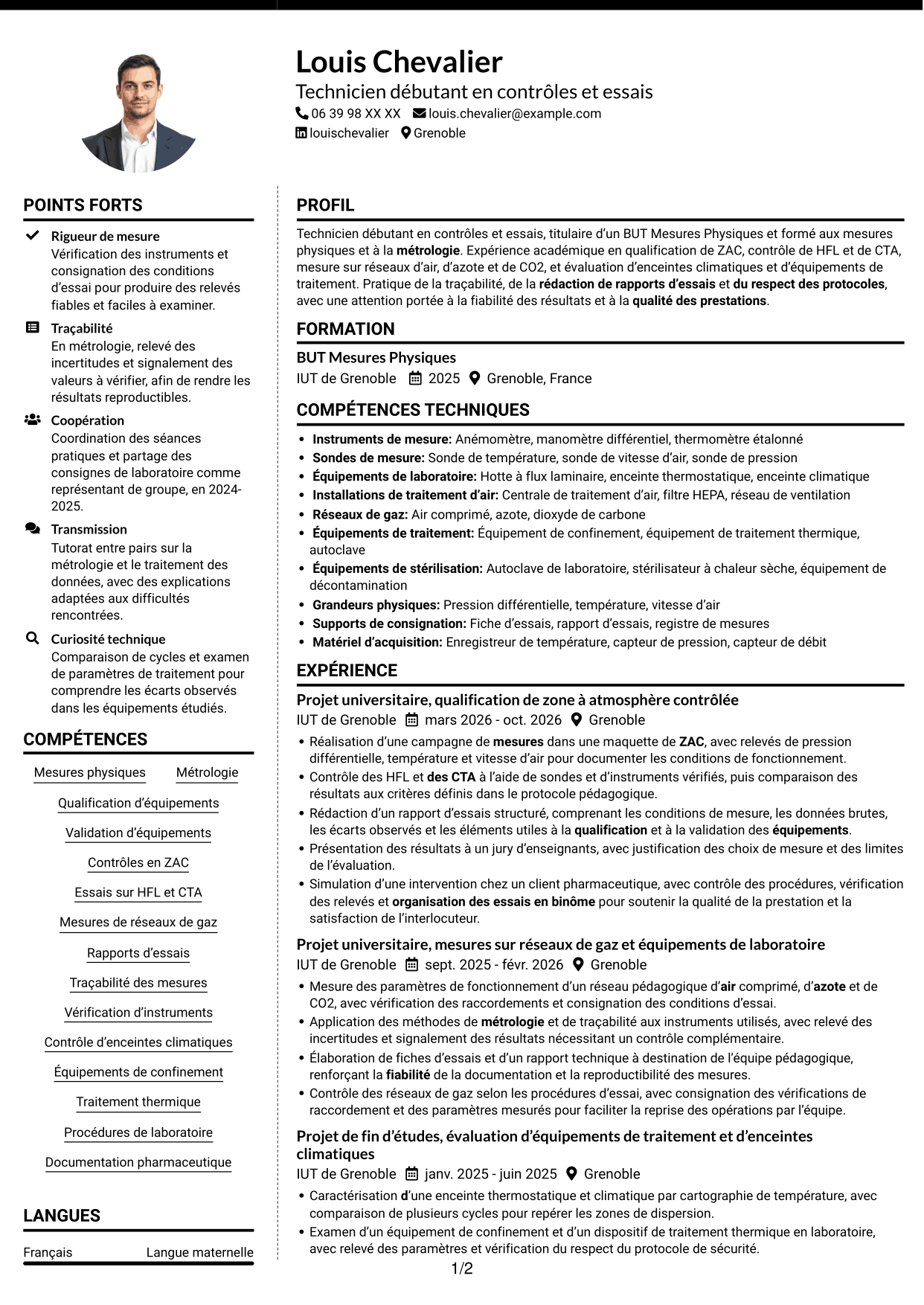 CV Moderne (format à deux colonnes avec photo à gauche et séparateur) : Technicien débutant - Contrôles et essais pharmaceutiques, page 1
