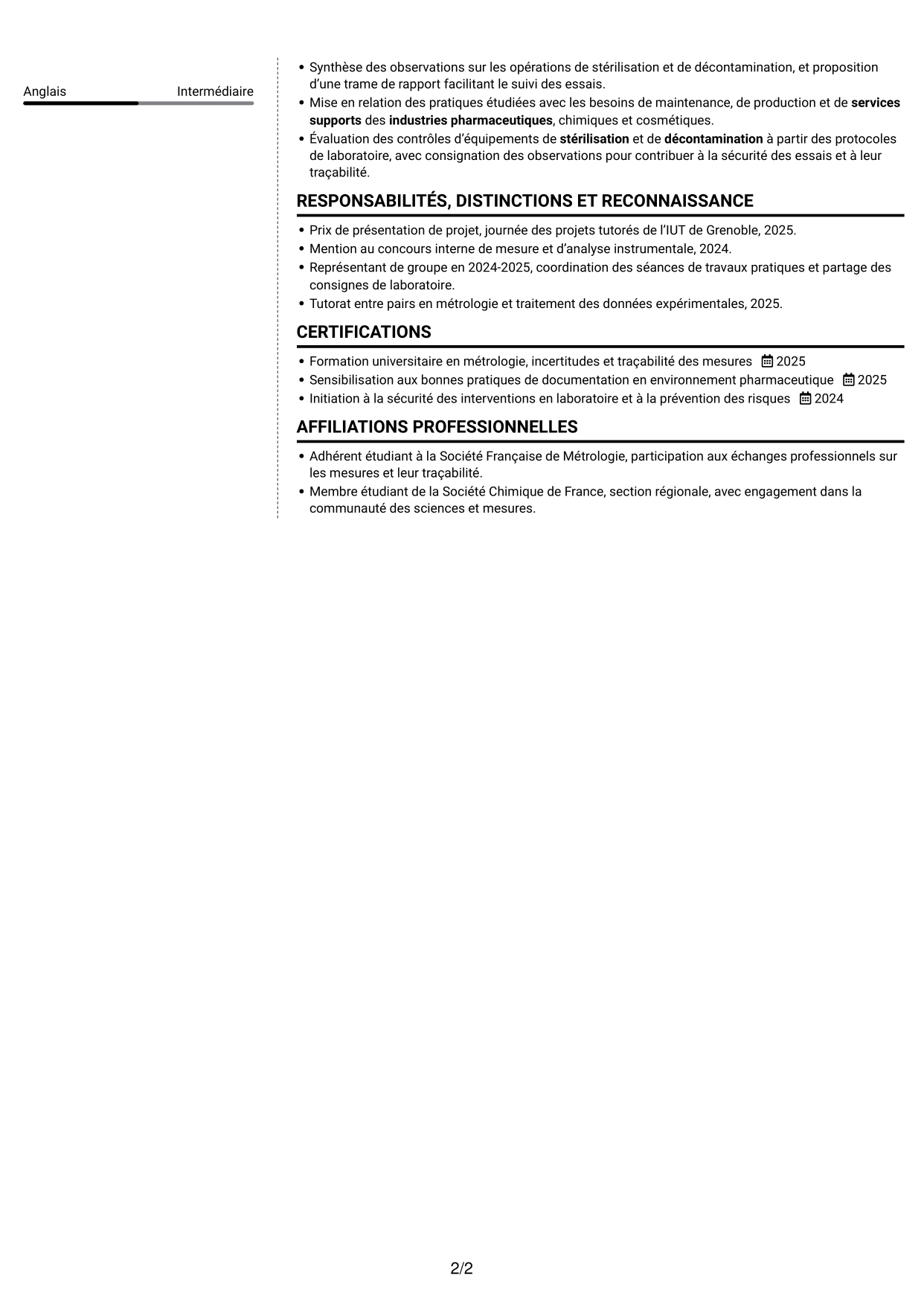 CV Moderne (format à deux colonnes avec photo à gauche et séparateur) : Technicien débutant - Contrôles et essais pharmaceutiques, page 2