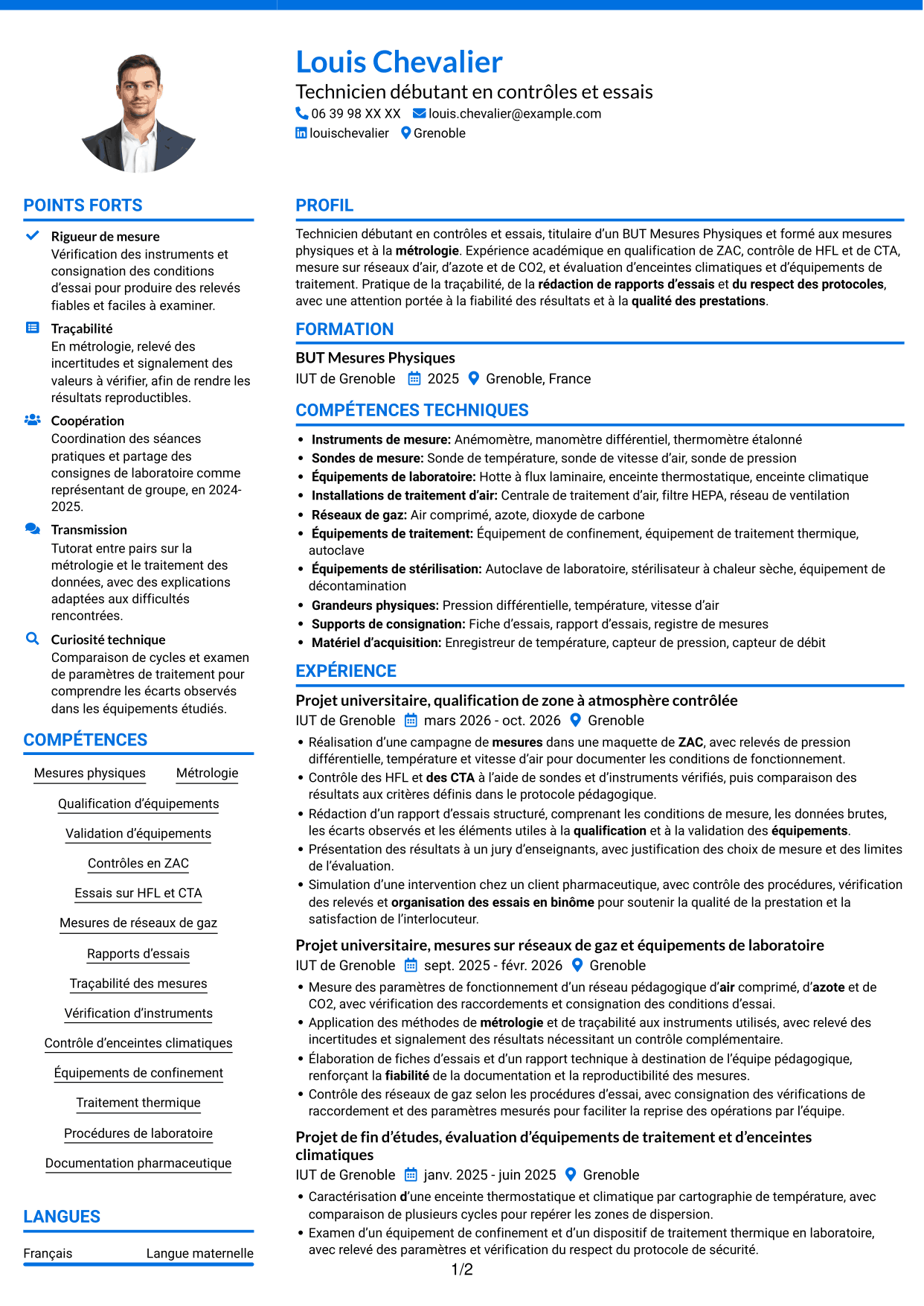 CV Audacieux (format à deux colonnes avec accents colorés et photo) : Technicien débutant - Contrôles et essais pharmaceutiques, page 1