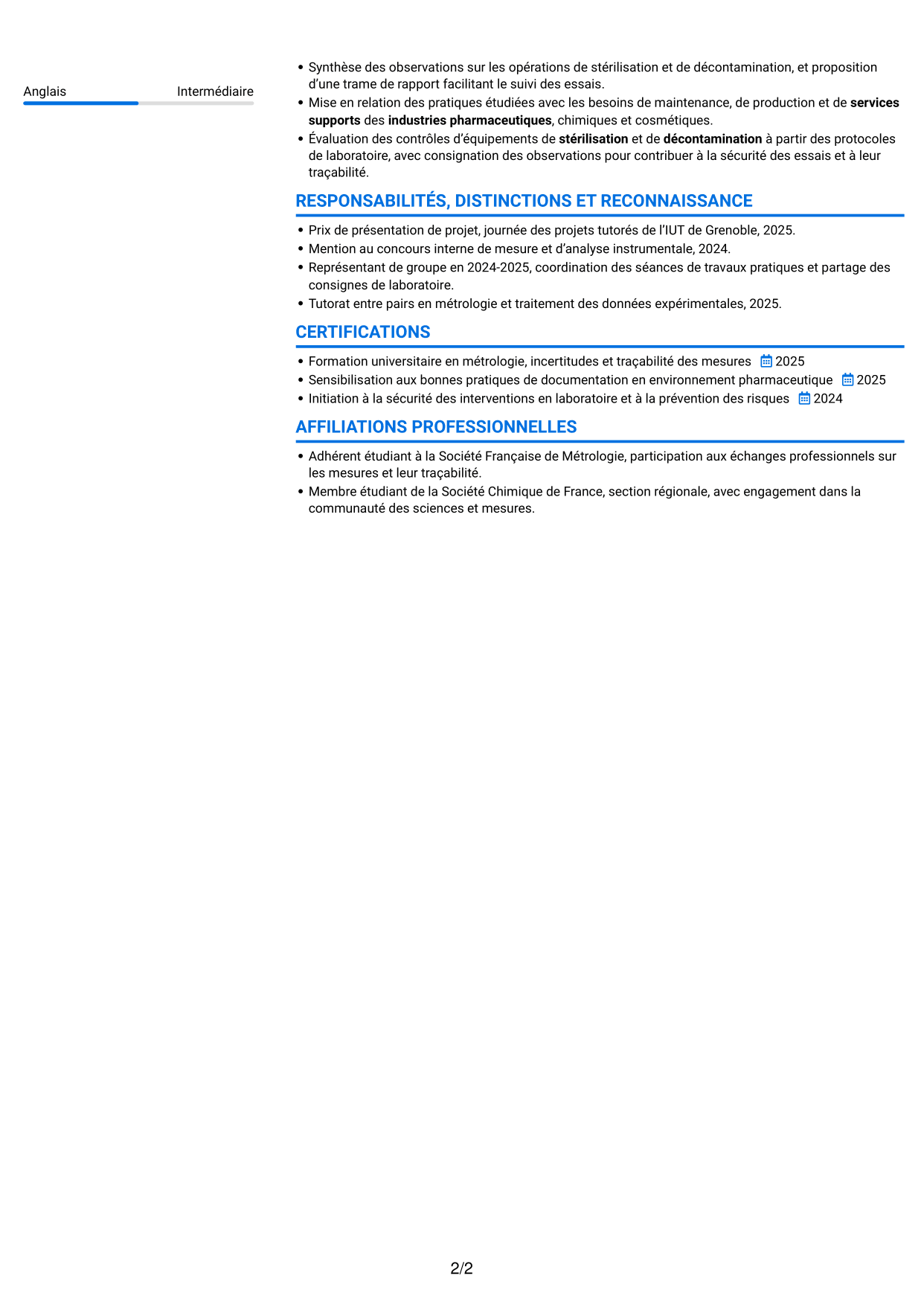 CV Audacieux (format à deux colonnes avec accents colorés et photo) : Technicien débutant - Contrôles et essais pharmaceutiques, page 2