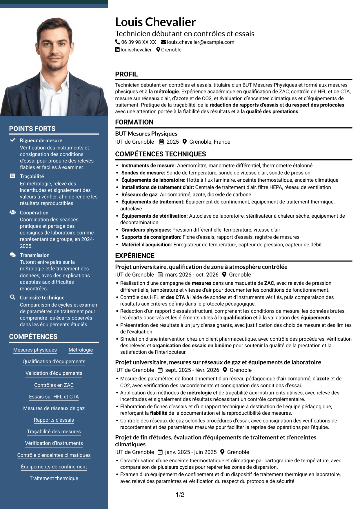 CV Signature (format à colonne latérale colorée avec grande photo) : Technicien débutant - Contrôles et essais pharmaceutiques, page 1