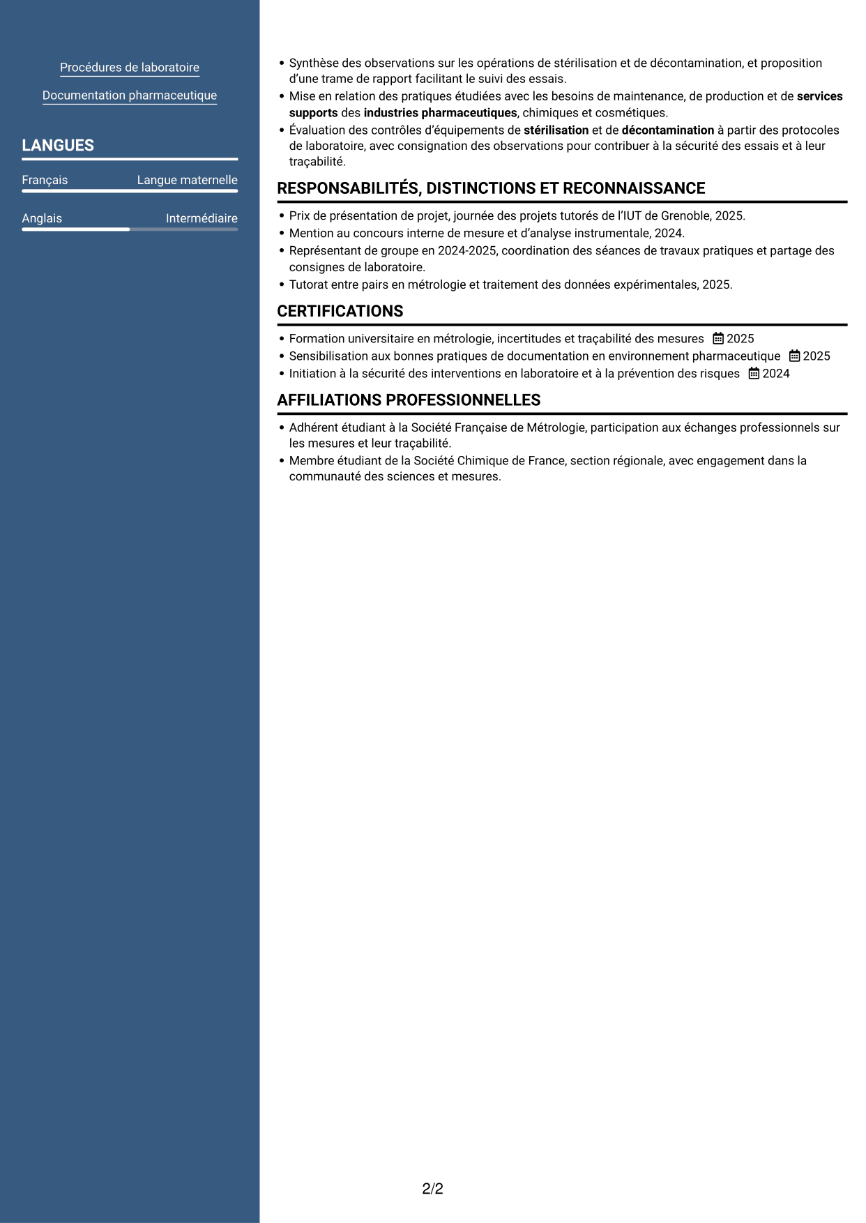 CV Signature (format à colonne latérale colorée avec grande photo) : Technicien débutant - Contrôles et essais pharmaceutiques, page 2