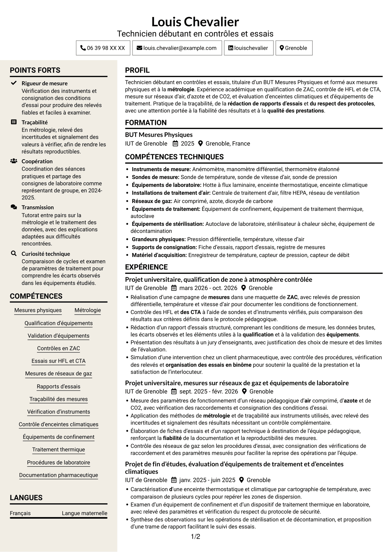 CV Fonceur (format à deux colonnes avec en-tête centré sans photo) : Technicien débutant - Contrôles et essais pharmaceutiques, page 1