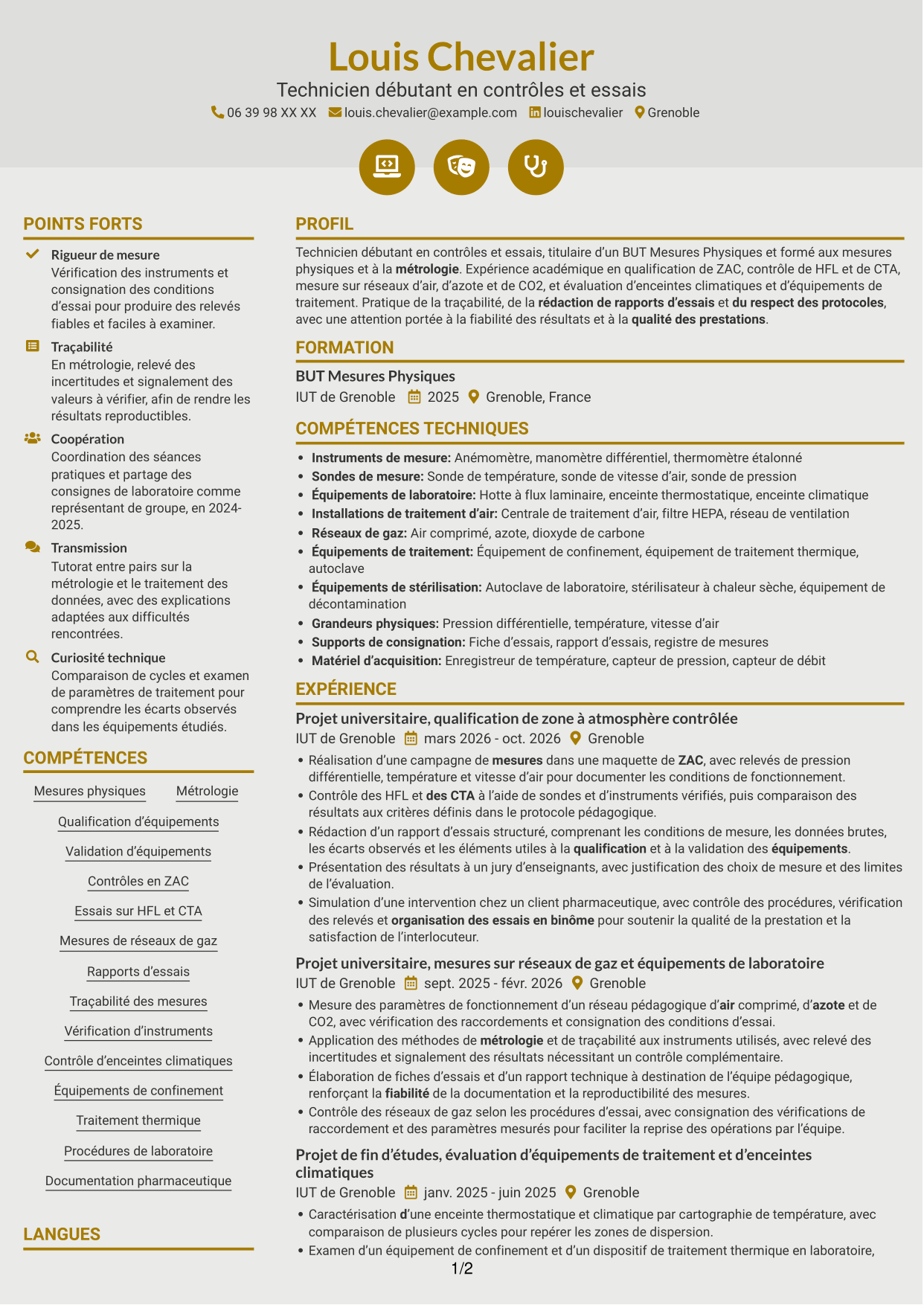 CV Dynamique (format à deux colonnes avec icônes) : Technicien débutant - Contrôles et essais pharmaceutiques, page 1