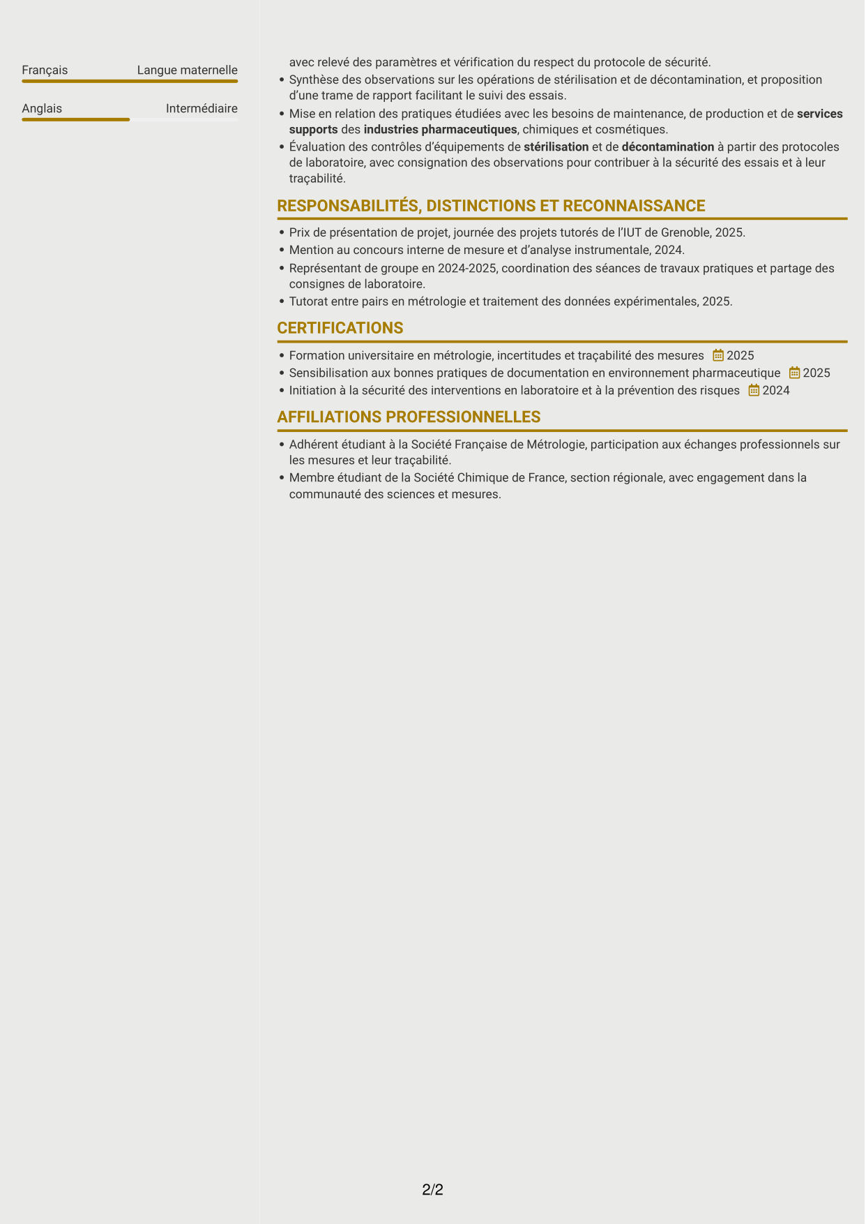 CV Dynamique (format à deux colonnes avec icônes) : Technicien débutant - Contrôles et essais pharmaceutiques, page 2