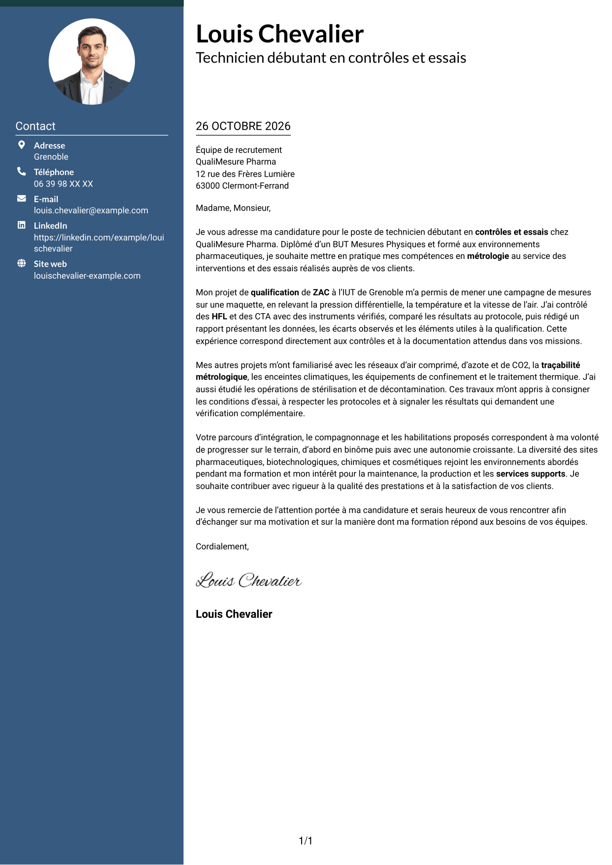 Lettre de motivation Élégant (format à colonne latérale colorée avec photo) : Technicien débutant - Contrôles et essais pharmaceutiques, page 1