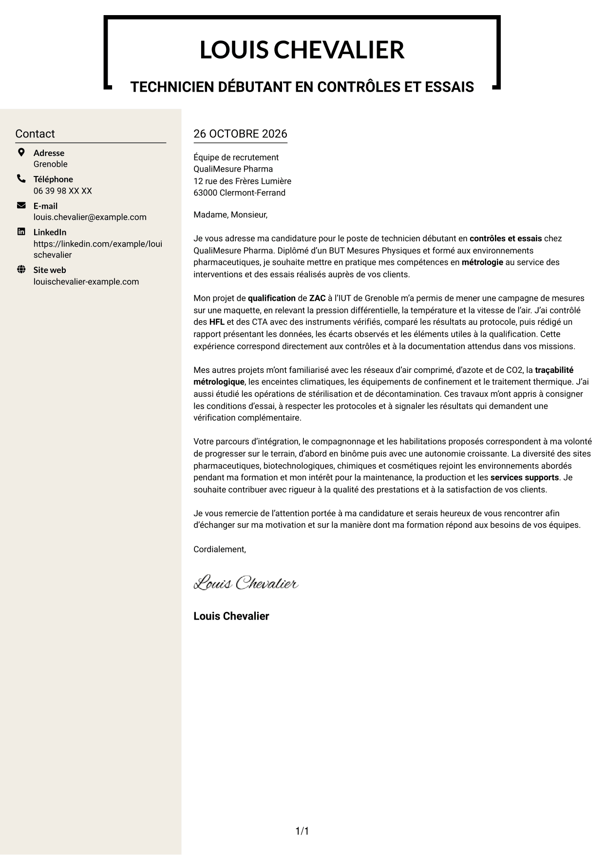 Lettre de motivation Fonceur (format à deux colonnes avec en-tête centré sans photo) : Technicien débutant - Contrôles et essais pharmaceutiques, page 1