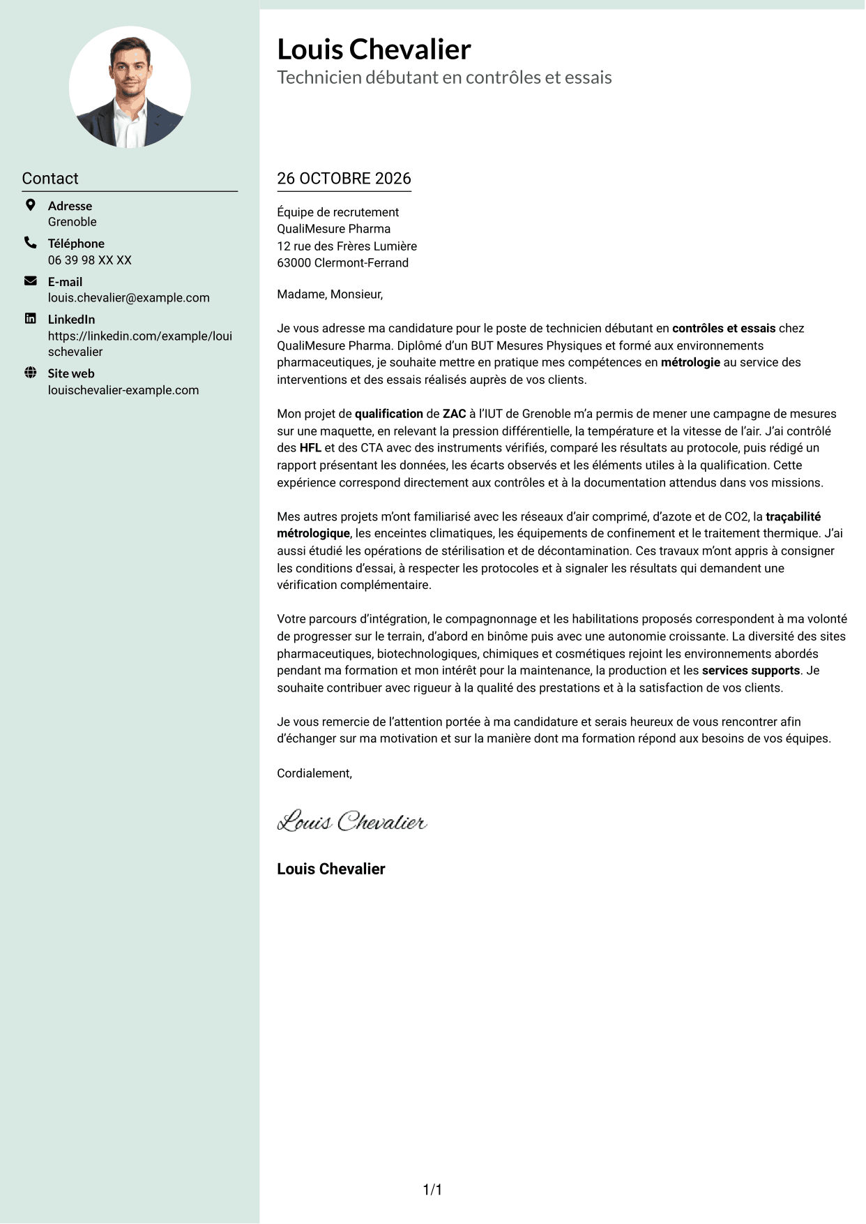 Lettre de motivation Cadre (format à colonne latérale douce avec photo arrondie) : Technicien débutant - Contrôles et essais pharmaceutiques, page 1