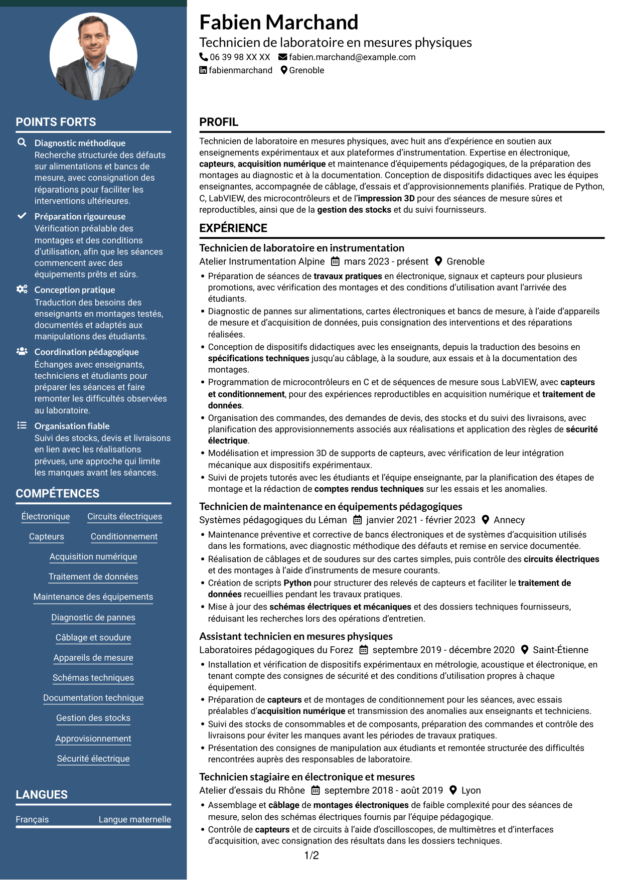 CV Élégant (format à colonne latérale colorée avec photo) : Technicien de laboratoire - Mesures physiques, page 1