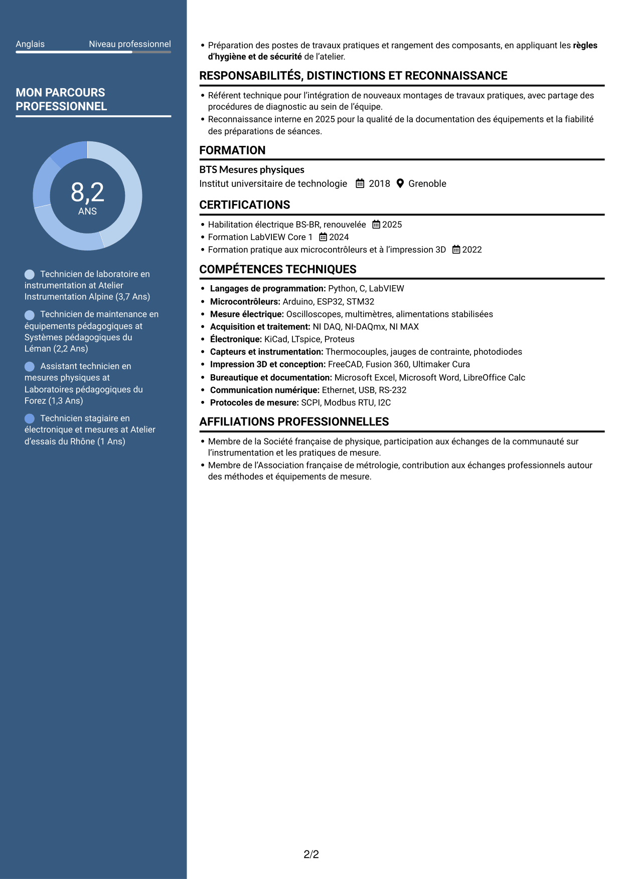 CV Élégant (format à colonne latérale colorée avec photo) : Technicien de laboratoire - Mesures physiques, page 2