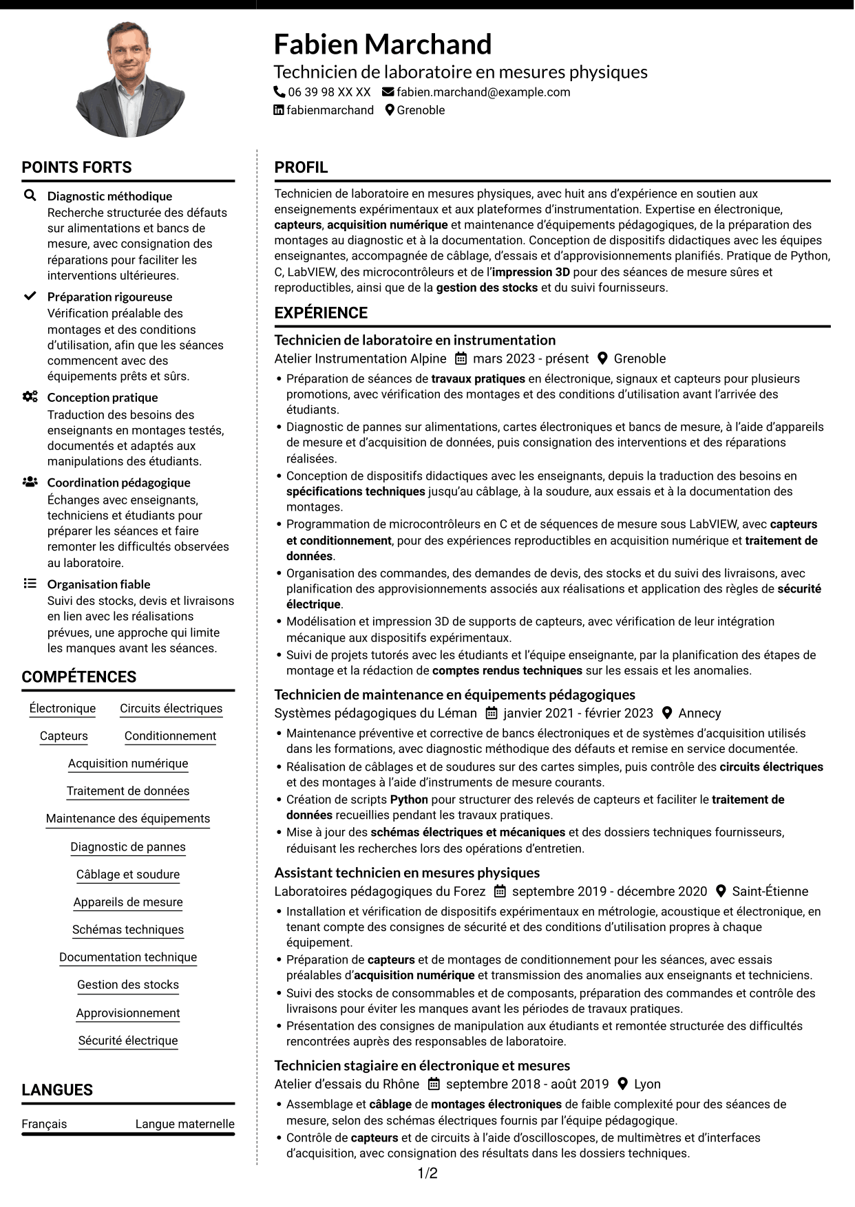 CV Moderne (format à deux colonnes avec photo à gauche et séparateur) : Technicien de laboratoire - Mesures physiques, page 1