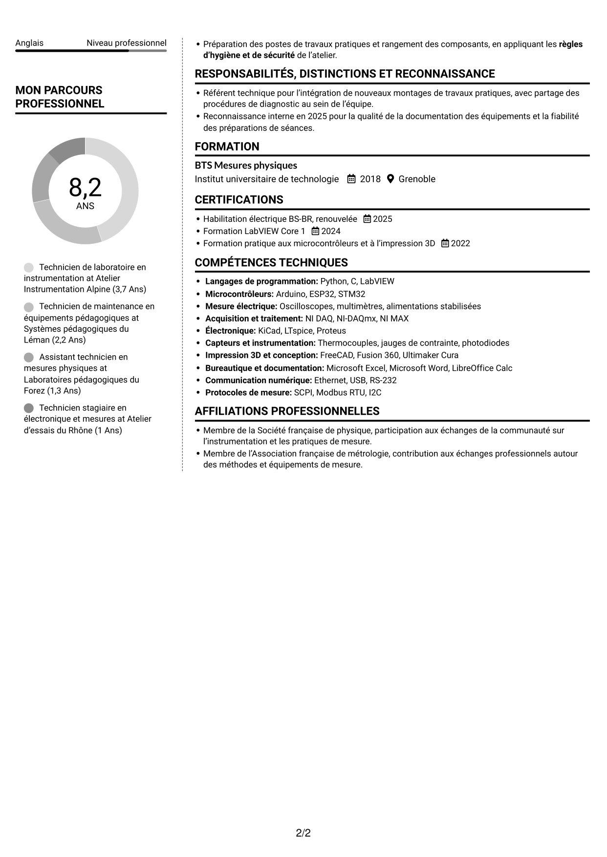 CV Moderne (format à deux colonnes avec photo à gauche et séparateur) : Technicien de laboratoire - Mesures physiques, page 2