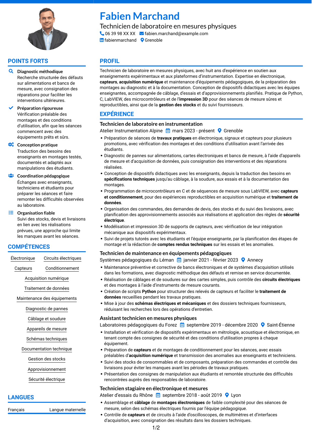 CV Audacieux (format à deux colonnes avec accents colorés et photo) : Technicien de laboratoire - Mesures physiques, page 1