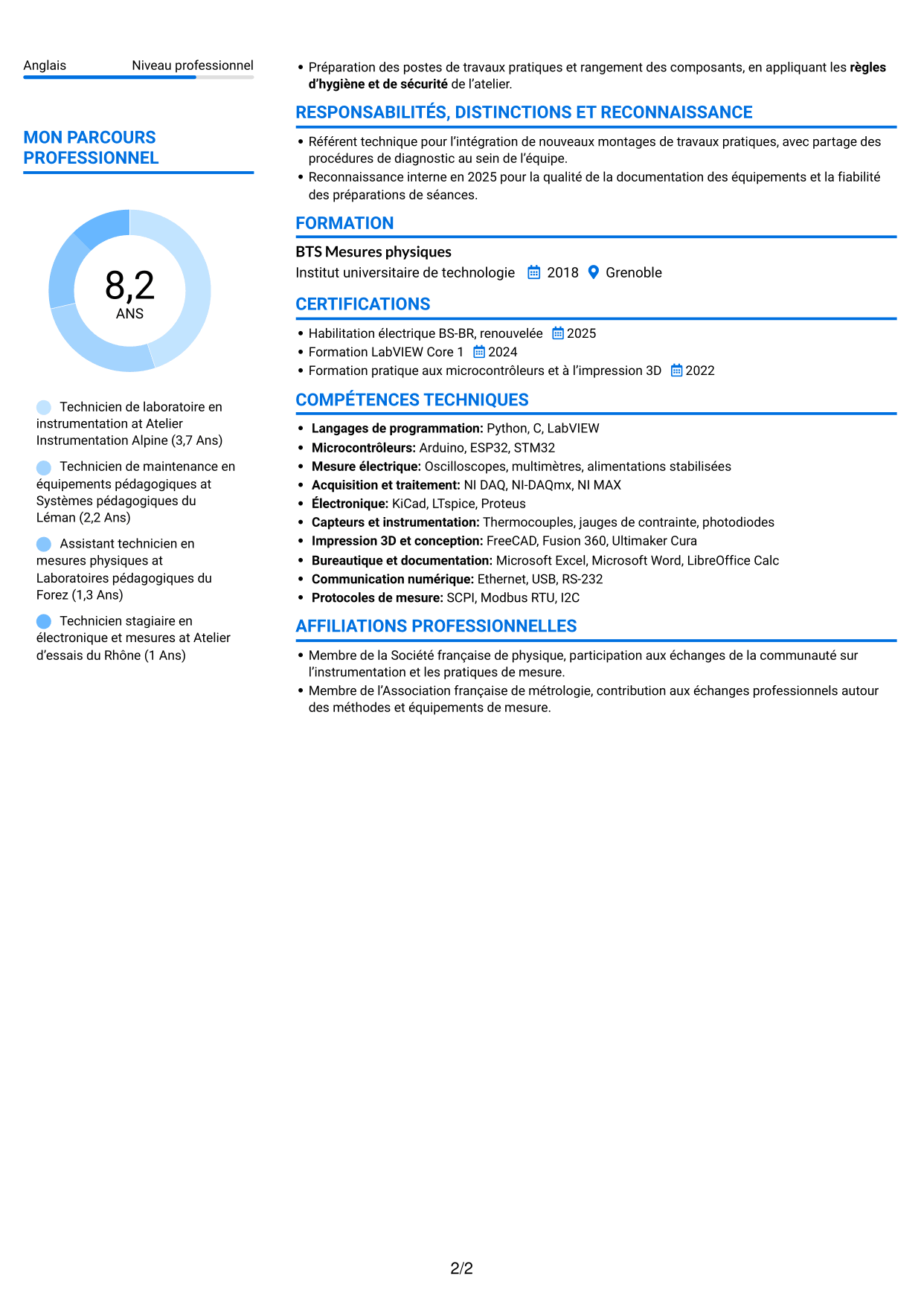 CV Audacieux (format à deux colonnes avec accents colorés et photo) : Technicien de laboratoire - Mesures physiques, page 2