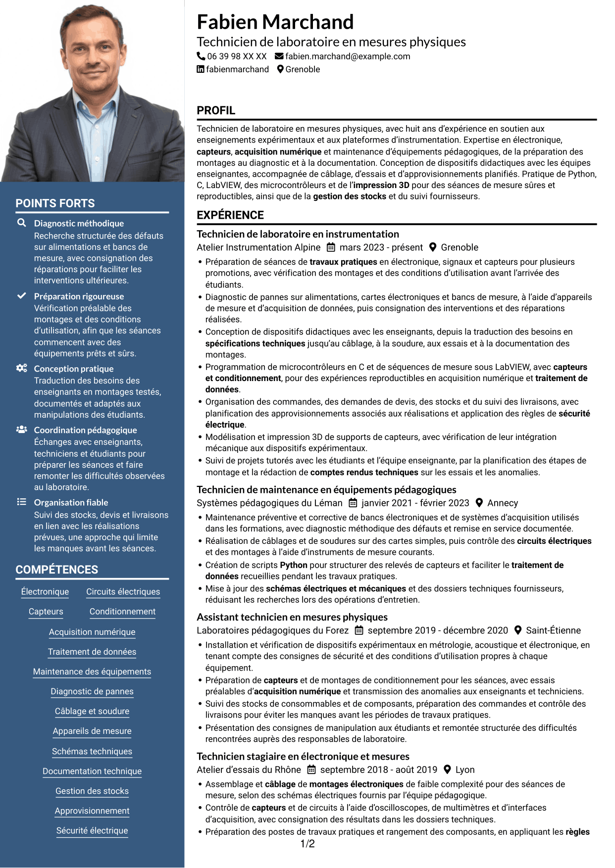 CV Signature (format à colonne latérale colorée avec grande photo) : Technicien de laboratoire - Mesures physiques, page 1