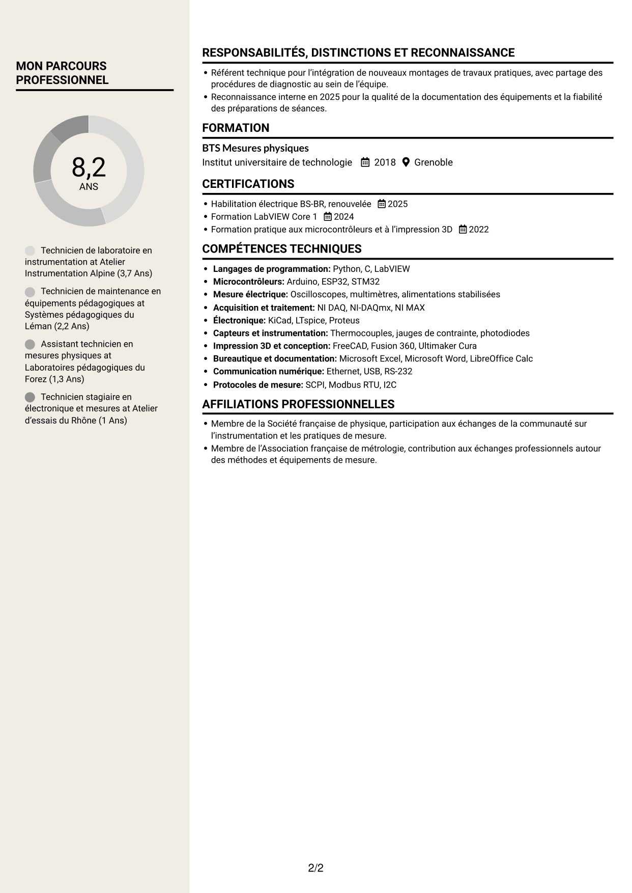 CV Fonceur (format à deux colonnes avec en-tête centré sans photo) : Technicien de laboratoire - Mesures physiques, page 2