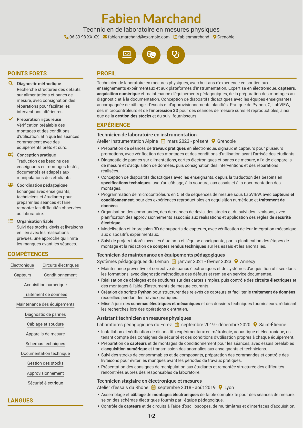 CV Dynamique (format à deux colonnes avec icônes) : Technicien de laboratoire - Mesures physiques, page 1