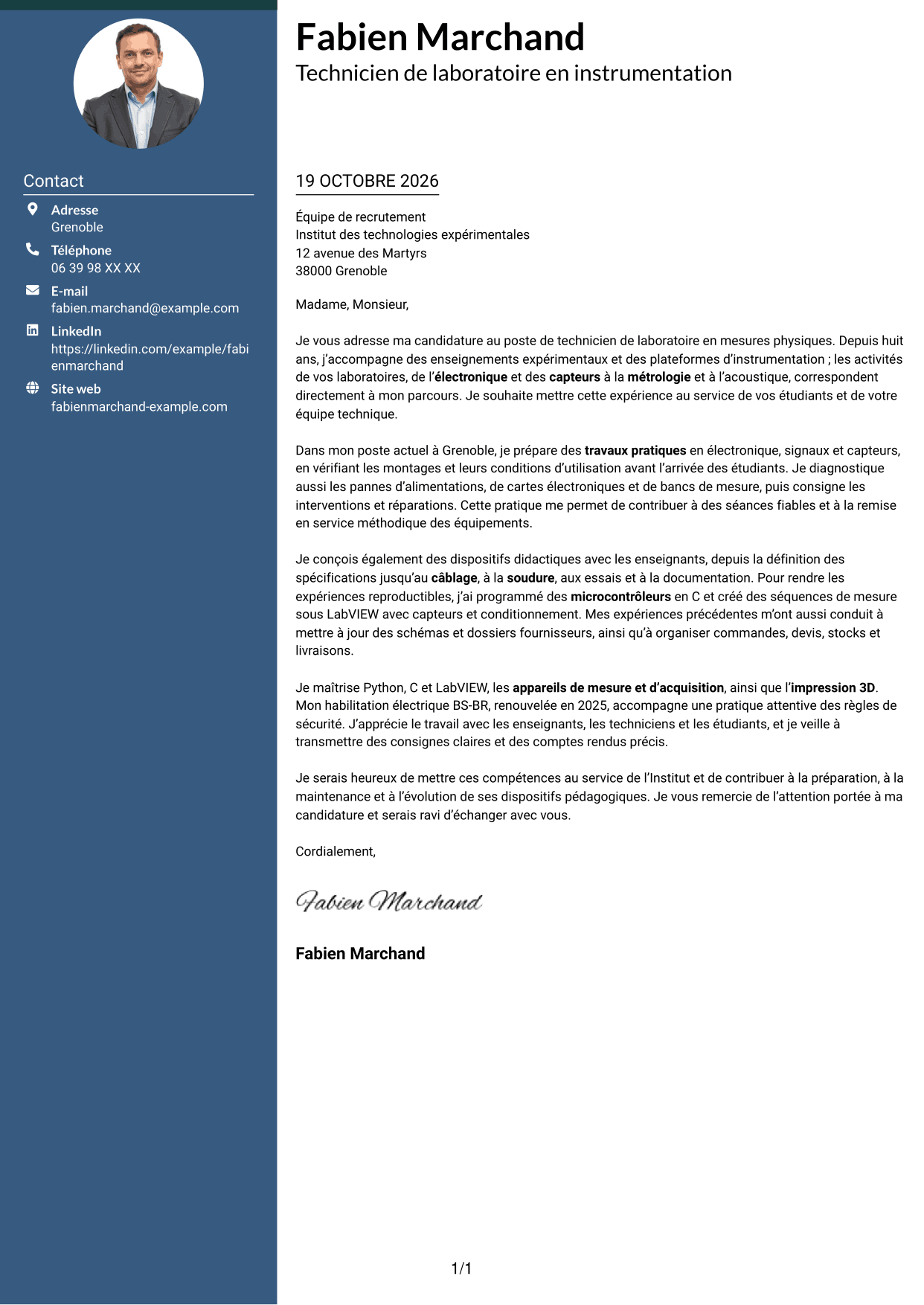 Lettre de motivation Élégant (format à colonne latérale colorée avec photo) : Technicien de laboratoire - Mesures physiques, page 1